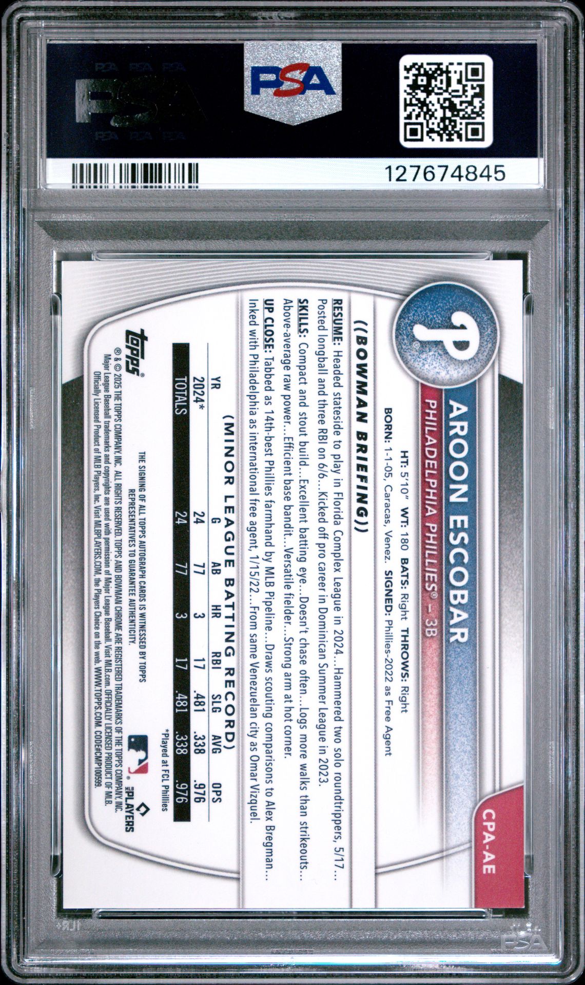 2025 Bowman Chrome Prospect Autographs Aroon Escobar #Cpaae (Chrome Pros Au-Green Grass) Mint 9 back