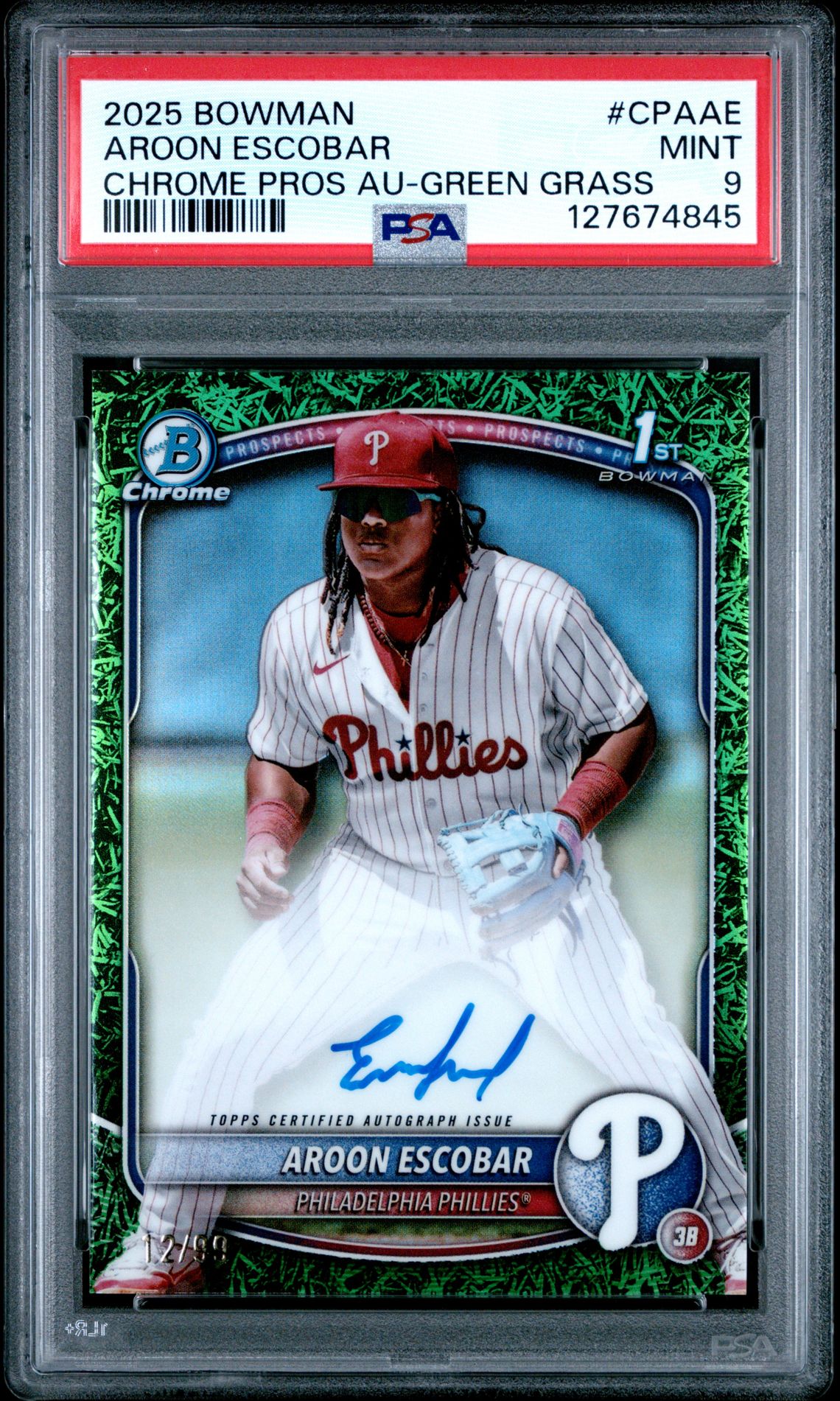 2025 Bowman Chrome Prospect Autographs Aroon Escobar #Cpaae (Chrome Pros Au-Green Grass) Mint 9 front