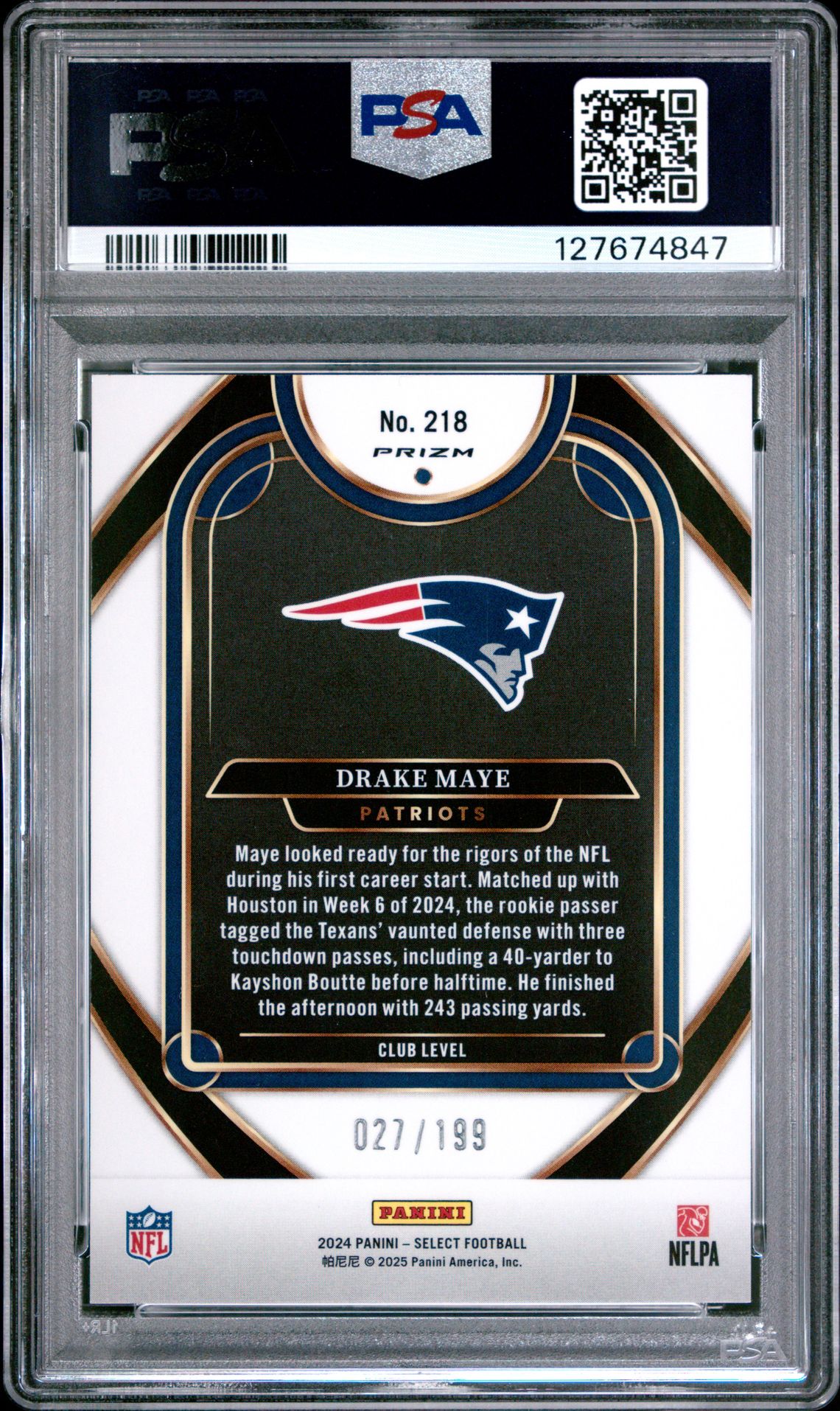2024 Panini Select Drake Maye #218 (White Shock) Mint 9 back