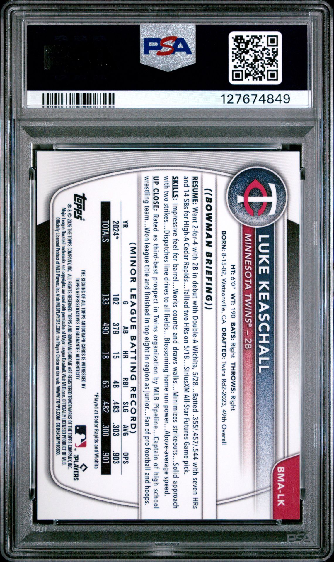 2025 Bowman Mega Box Bowman Prospect Mega Autographs Luke Keaschall #Lk Gem Mt 10 back