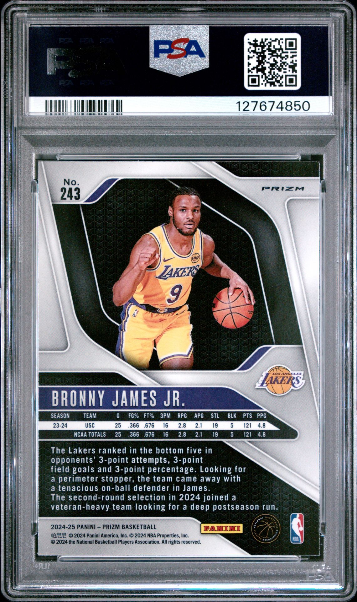 2024 Panini Prizm Bronny James Jr. #243 (Red White Blue Prizm) Mint 9 back