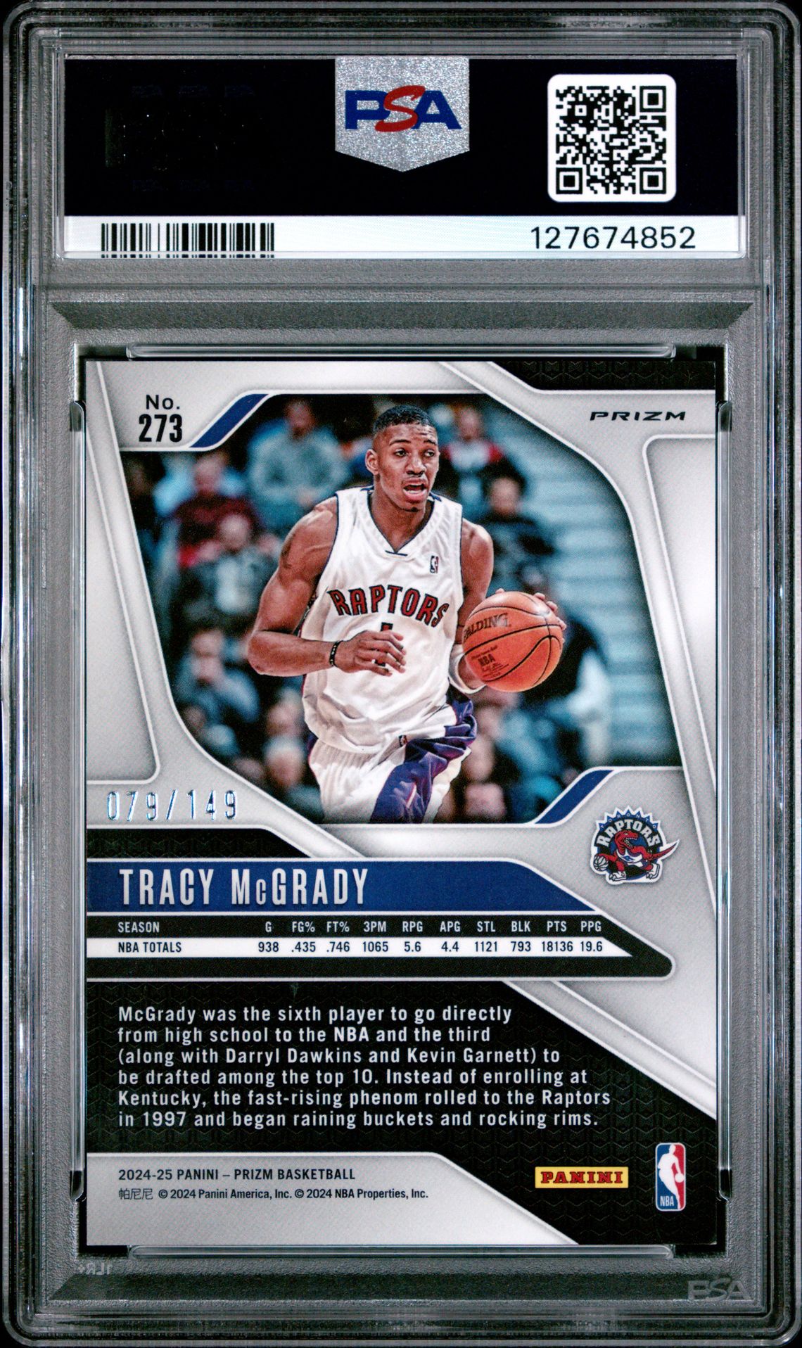 2024 Panini Prizm Tracy Mcgrady #273 (Purple Ice) Gem Mt 10 back view - PSA certificate #127674852