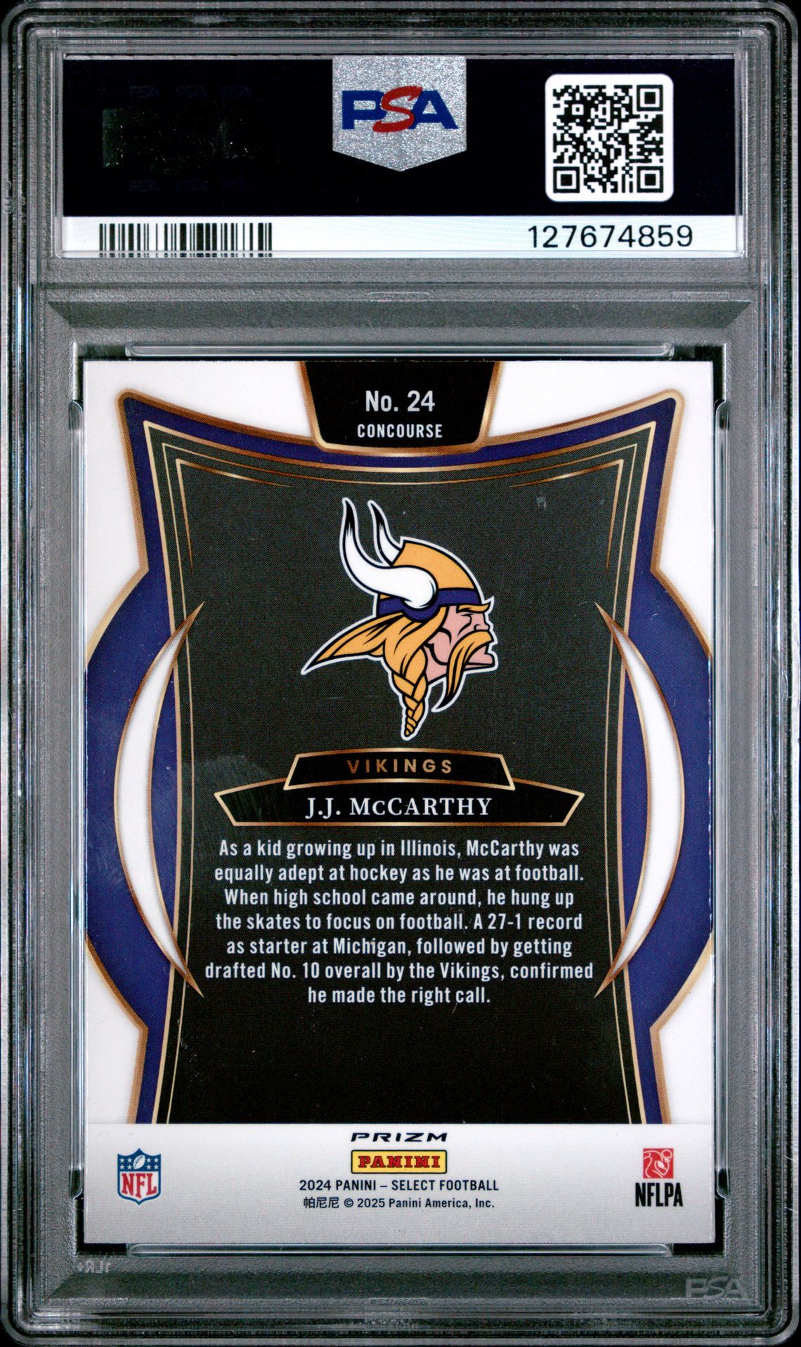 2024 Panini Select Jj Mccarthy #24 (Red & Blue Shock) Gem Mt 10 back