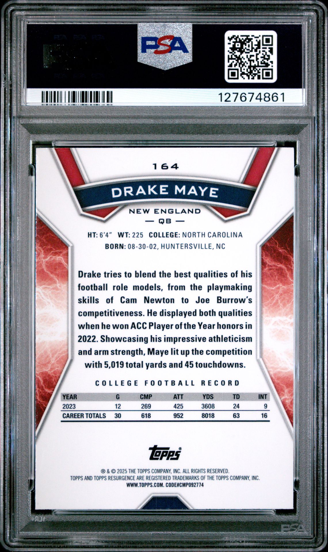 2024 Topps Resurgence Drake Maye #164 (Yellow Surge) Mint 9 back