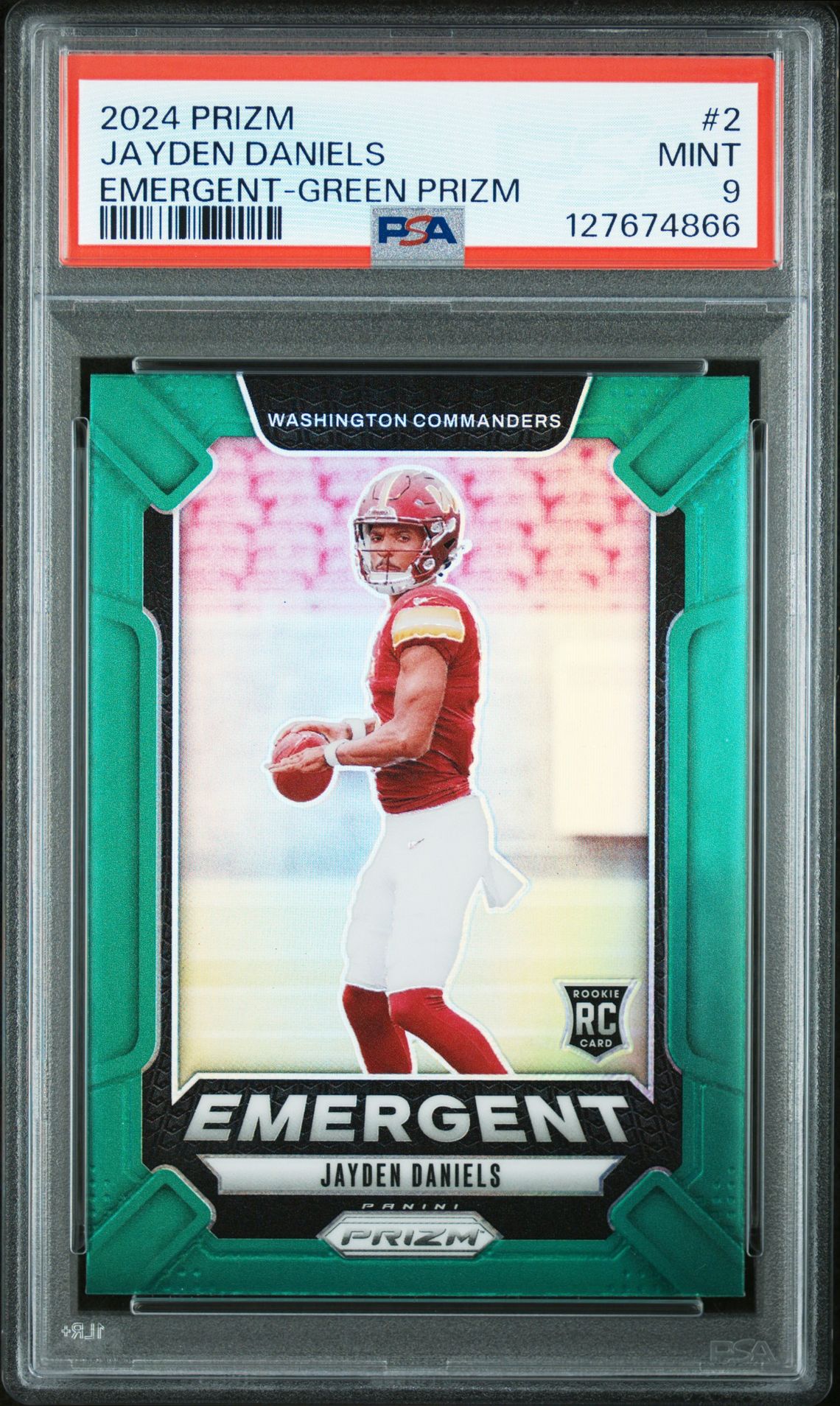 2024 Panini Prizm Emergent Jayden Daniels #2 (Emergent-Green Prizm) Mint 9 front