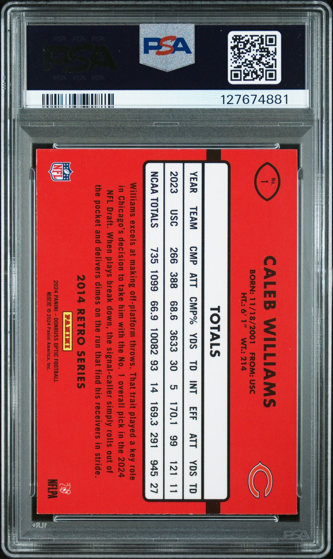 2024 Panini Donruss Optic 2014 Retro Series Caleb Williams #1 Gem Mt 10 back