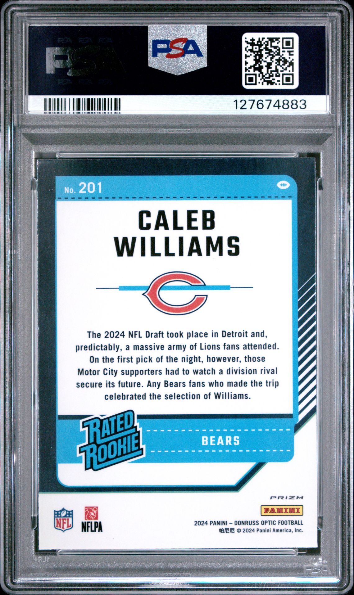 2024 Panini Donruss Optic Caleb Williams #201 (Purple Shock) Gem Mt 10 back