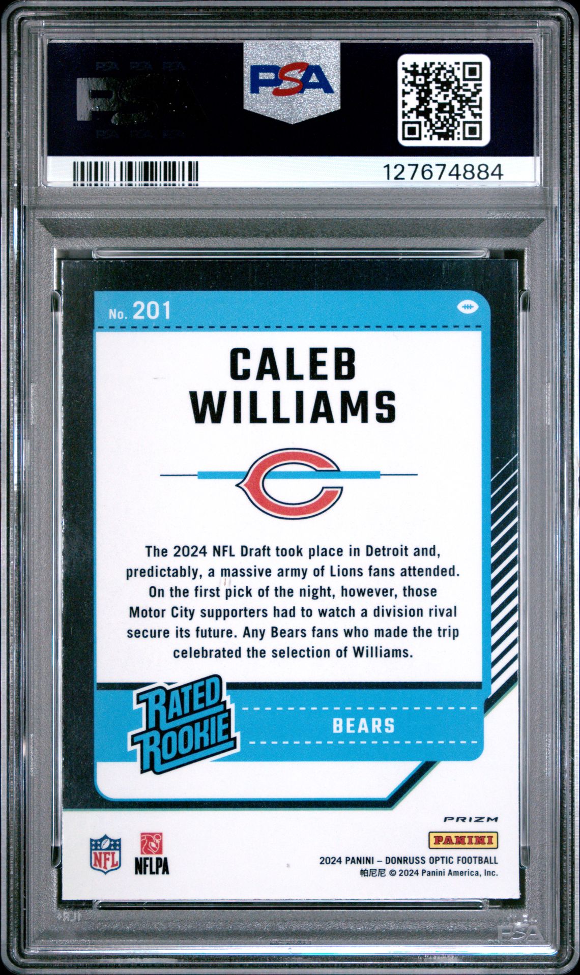2024 Panini Donruss Optic Caleb Williams #201 (Blue Hyper) Gem Mt 10 back