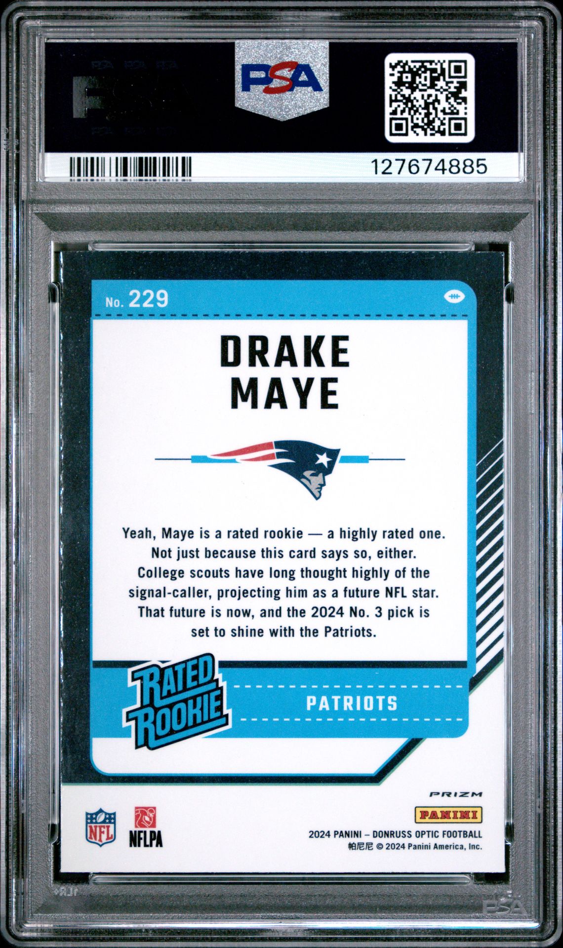 2024 Panini Donruss Optic Drake Maye #229 (Blue Hyper) Mint 9 back