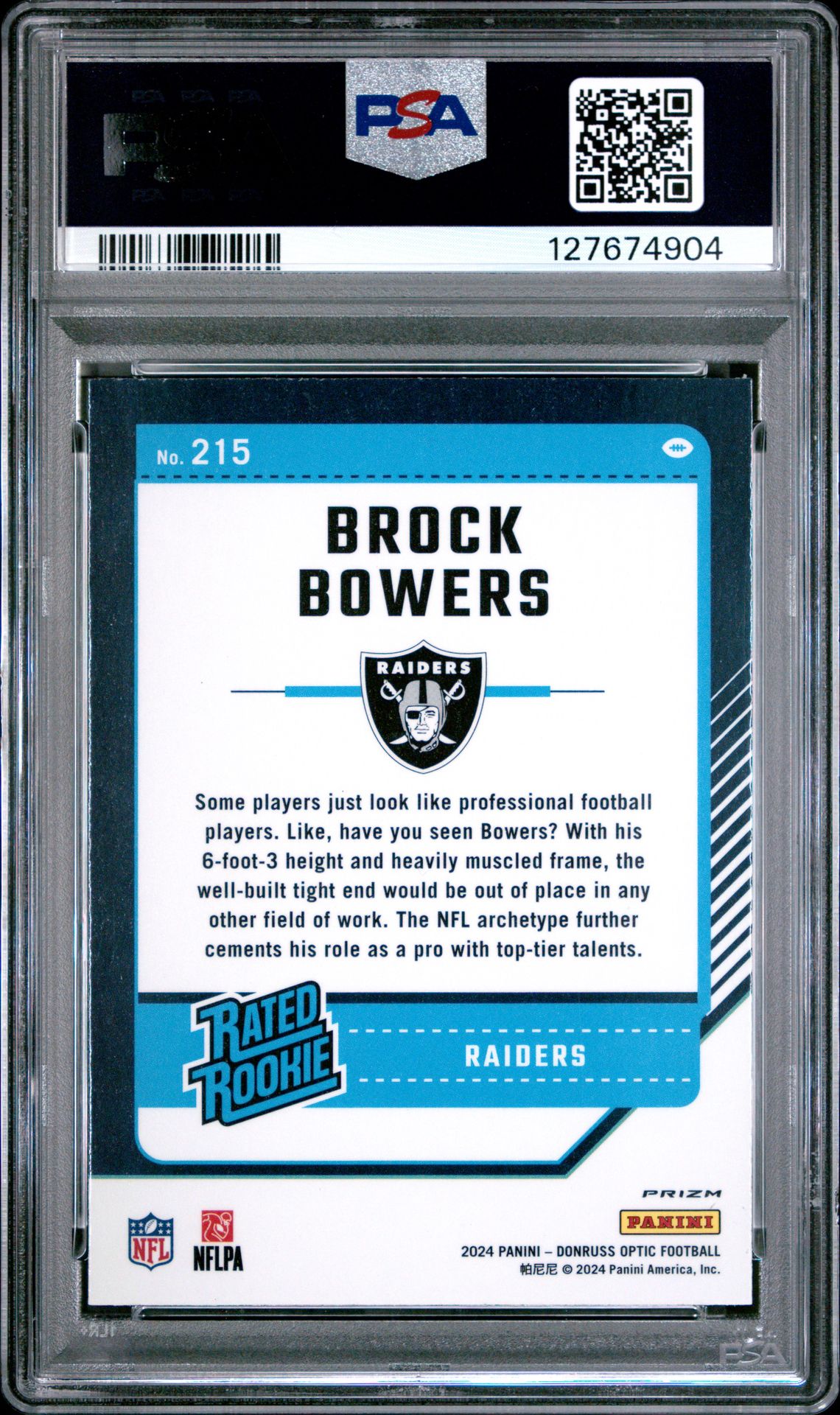 2024 Panini Donruss Optic Brock Bowers #215 (Blue Hyper) Gem Mt 10 back