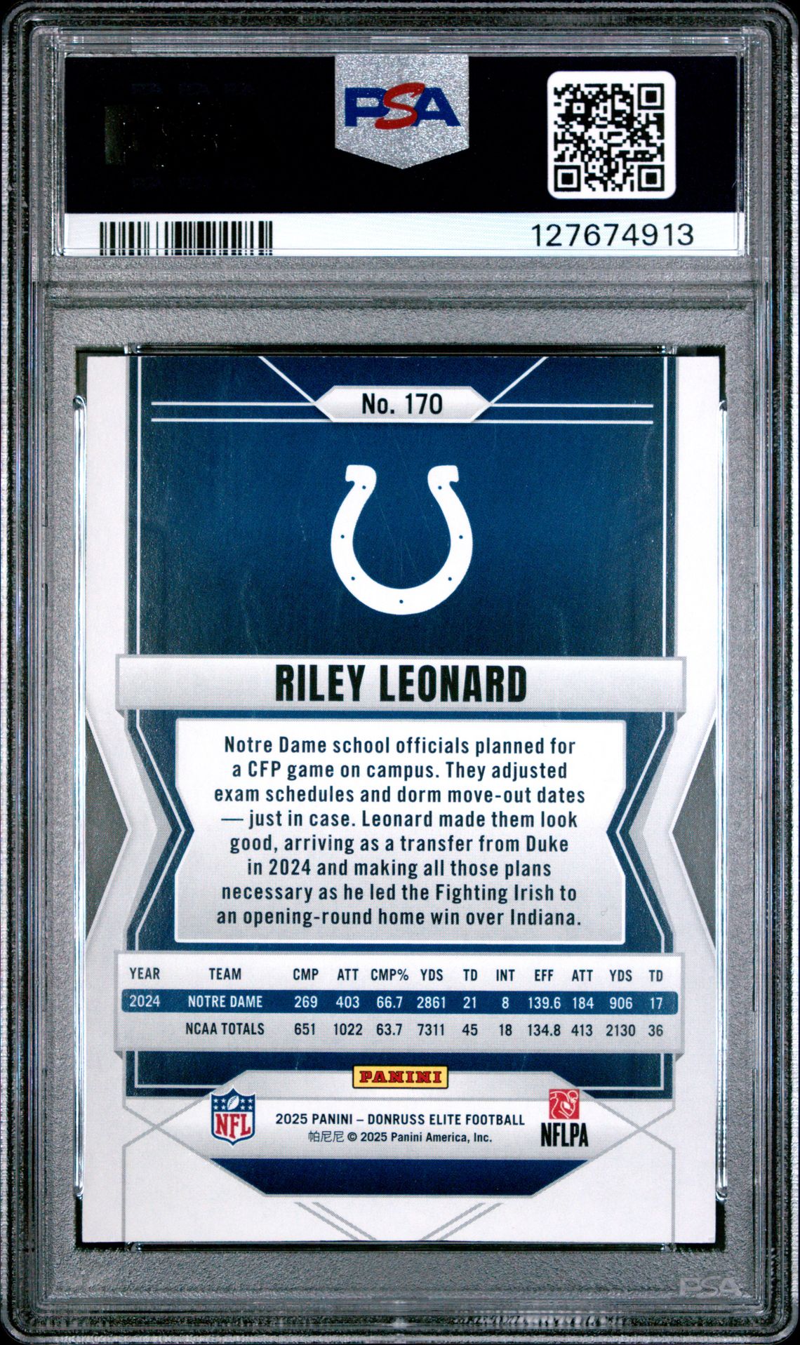 2025 Panini Donruss Elite Riley Leonard #170 (Aspirations) Mint 9 back
