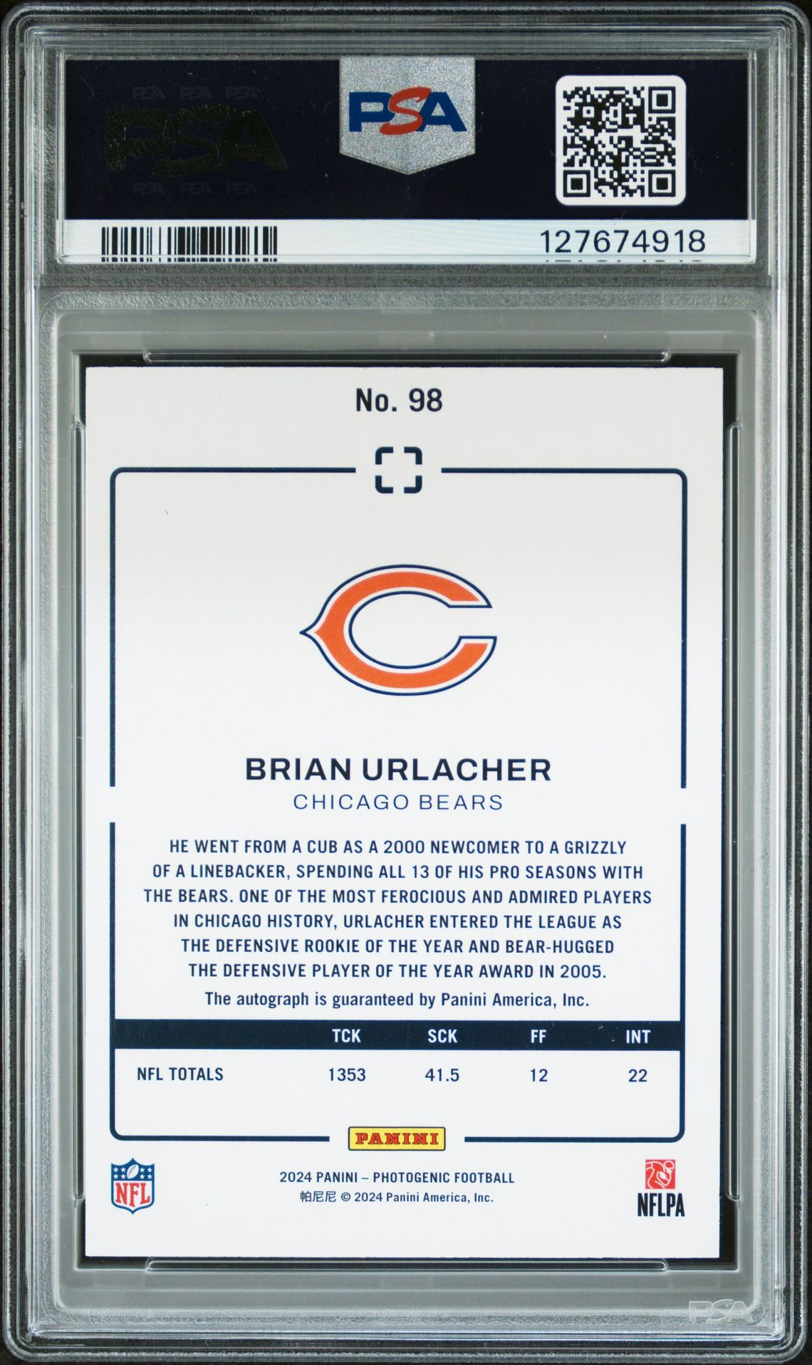 2024 Panini Photogenic Brian Urlacher #98 (Autograph-Blue) Mint 9 back