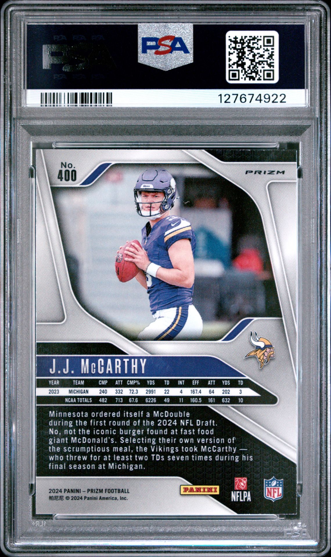 2024 Panini Prizm Jj Mccarthy #400 (Silver Prizm) Mint 9 back