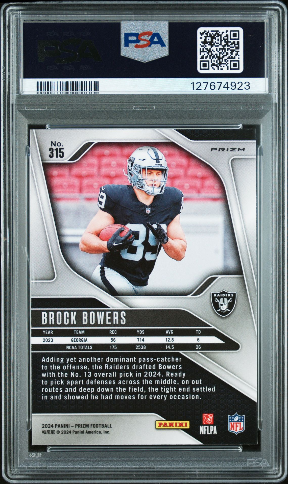 2024 Panini Prizm Brock Bowers #315 (Silver Prizm) Mint 9 back