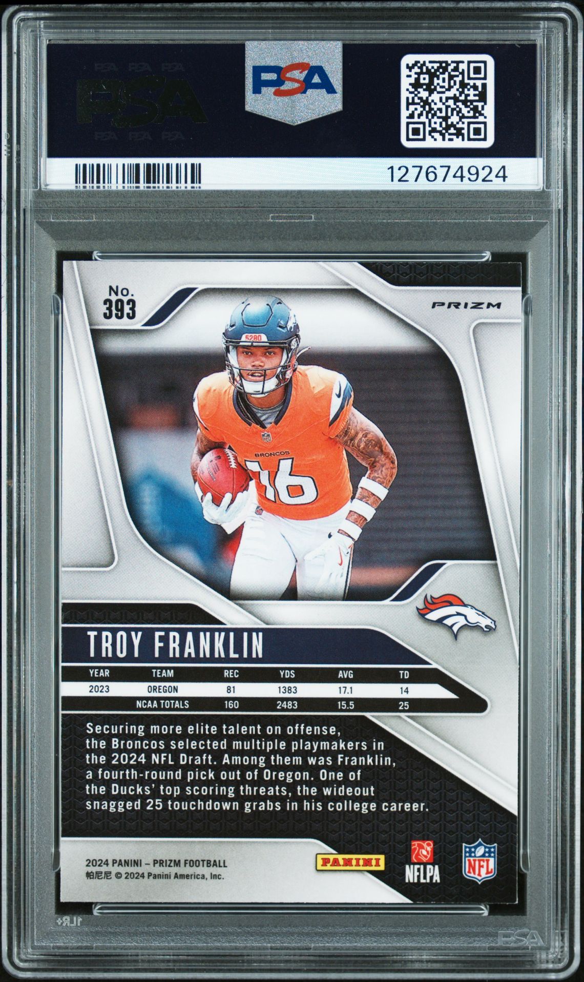 2024 Panini Prizm Troy Franklin #393 (Neon Green Pulsar) Mint 9 back