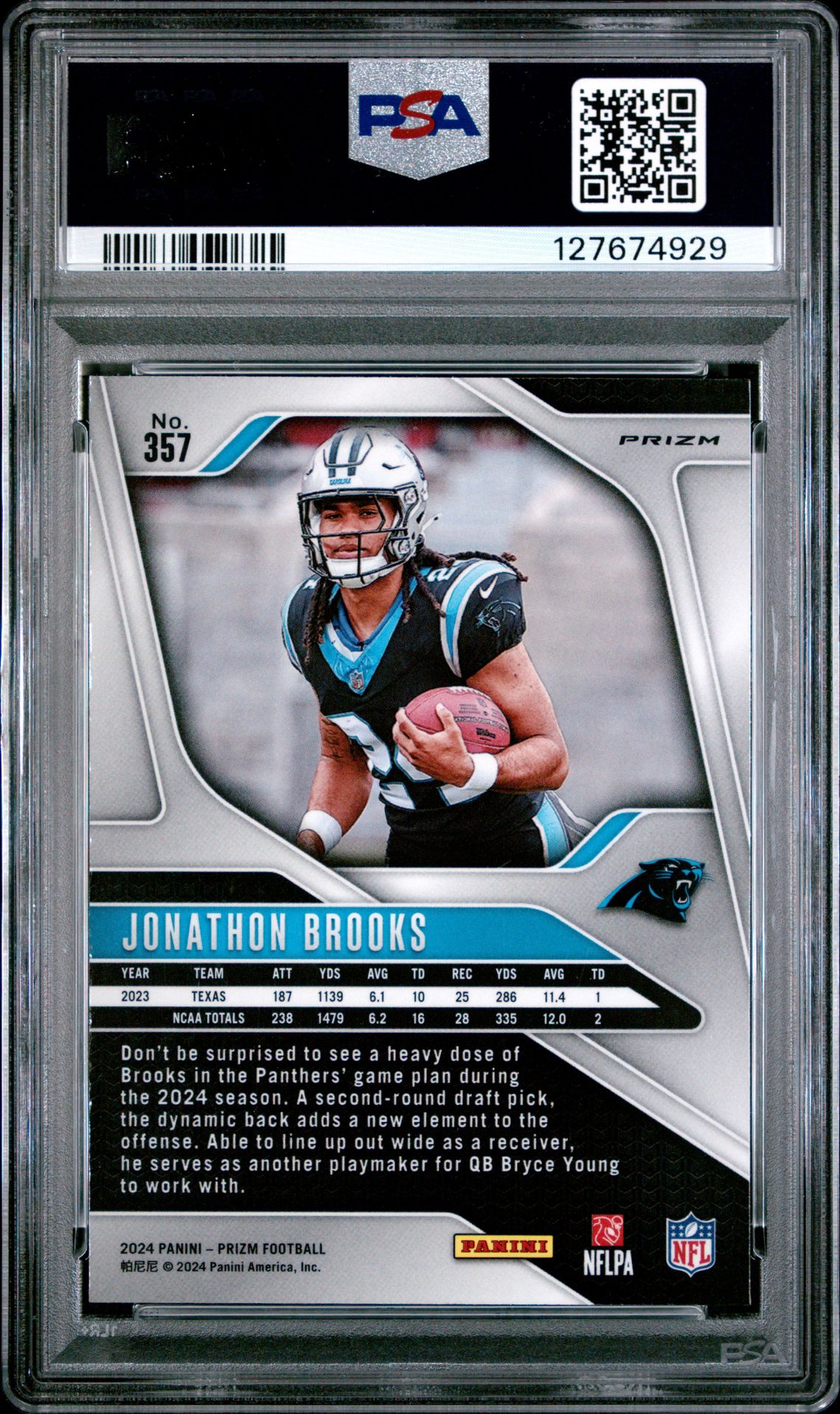 2024 Panini Prizm Jonathon Brooks #357 (Red/White/Blue Prizm) Gem Mt 10 back