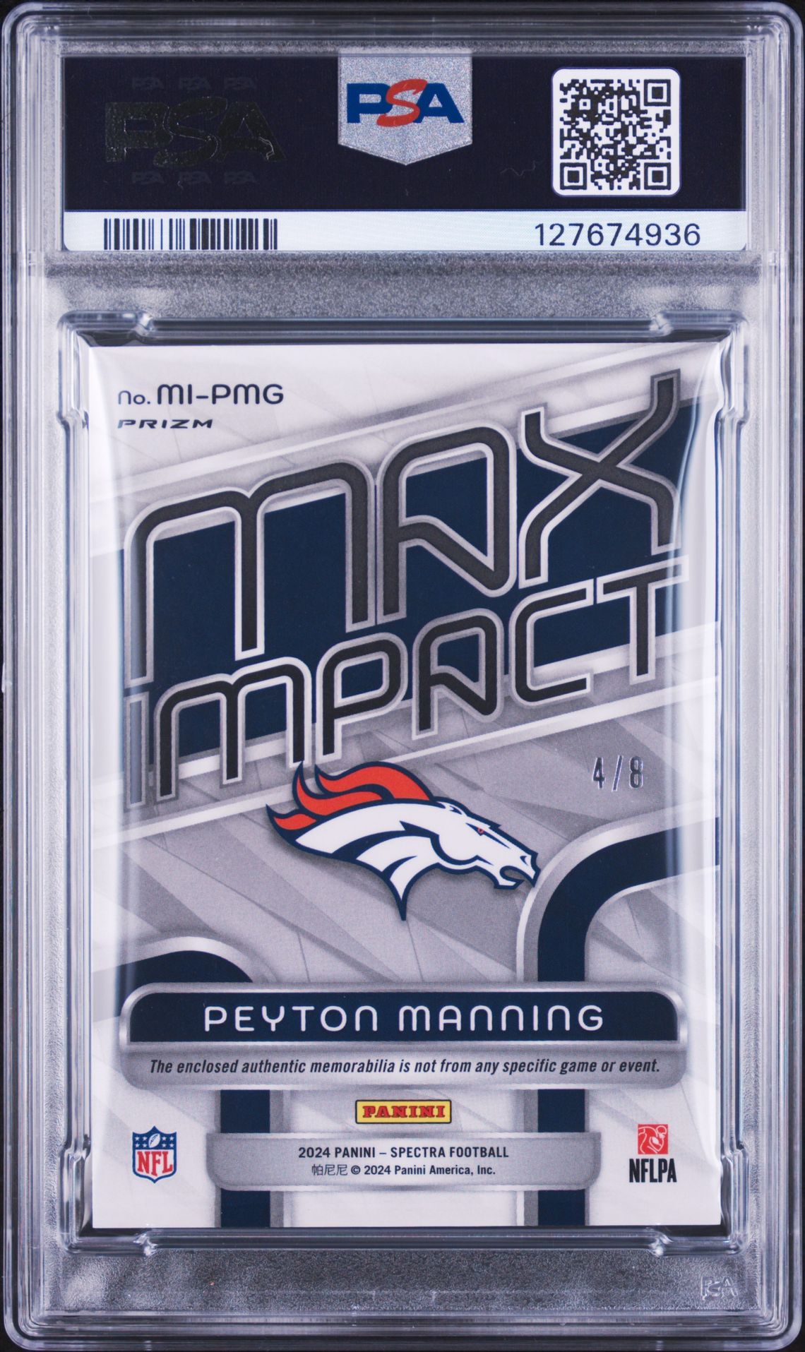 2024 Panini Spectra Max Impact Relic Peyton Manning #Mipmg (Max Impact Rlc-Nn Splatter) Gem Mt 10 back view - PSA certificate #127674936