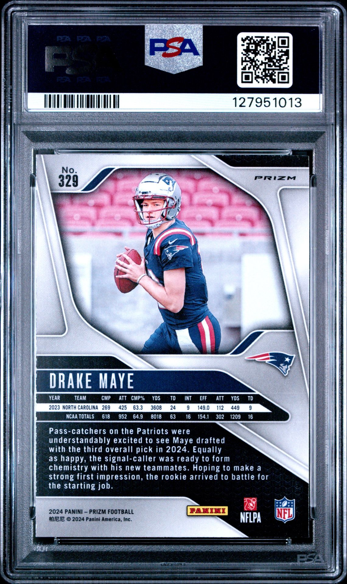 2024 Panini Prizm Drake Maye #329 (Neon Green Pulsar) Gem Mt 10 back