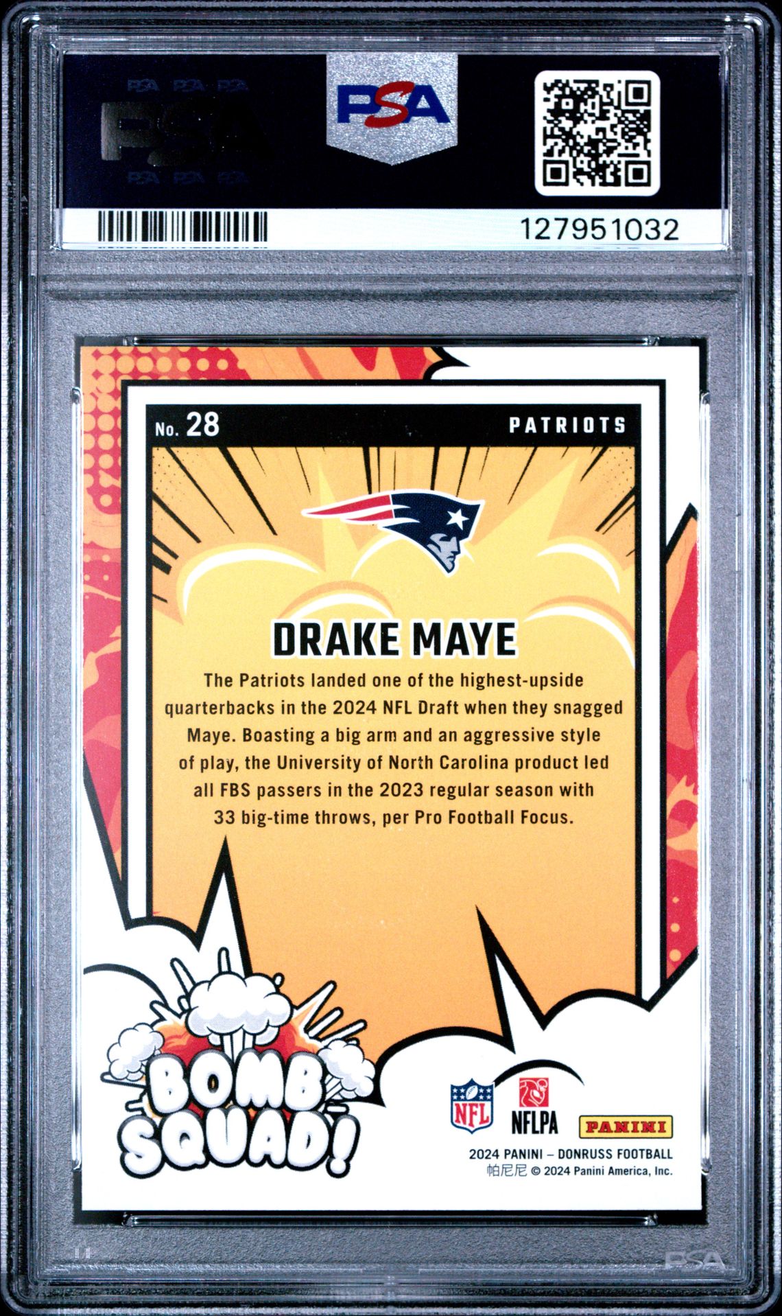 2024 Panini Donruss Bomb Squad Drake Maye #28 Mint 9 back