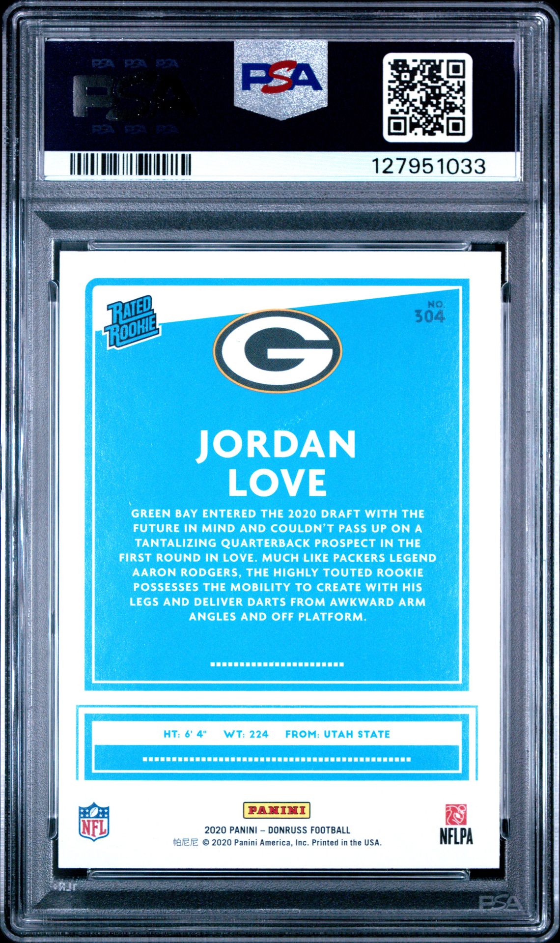 2020 Panini Donruss Jordan Love #304 Gem Mt 10 back