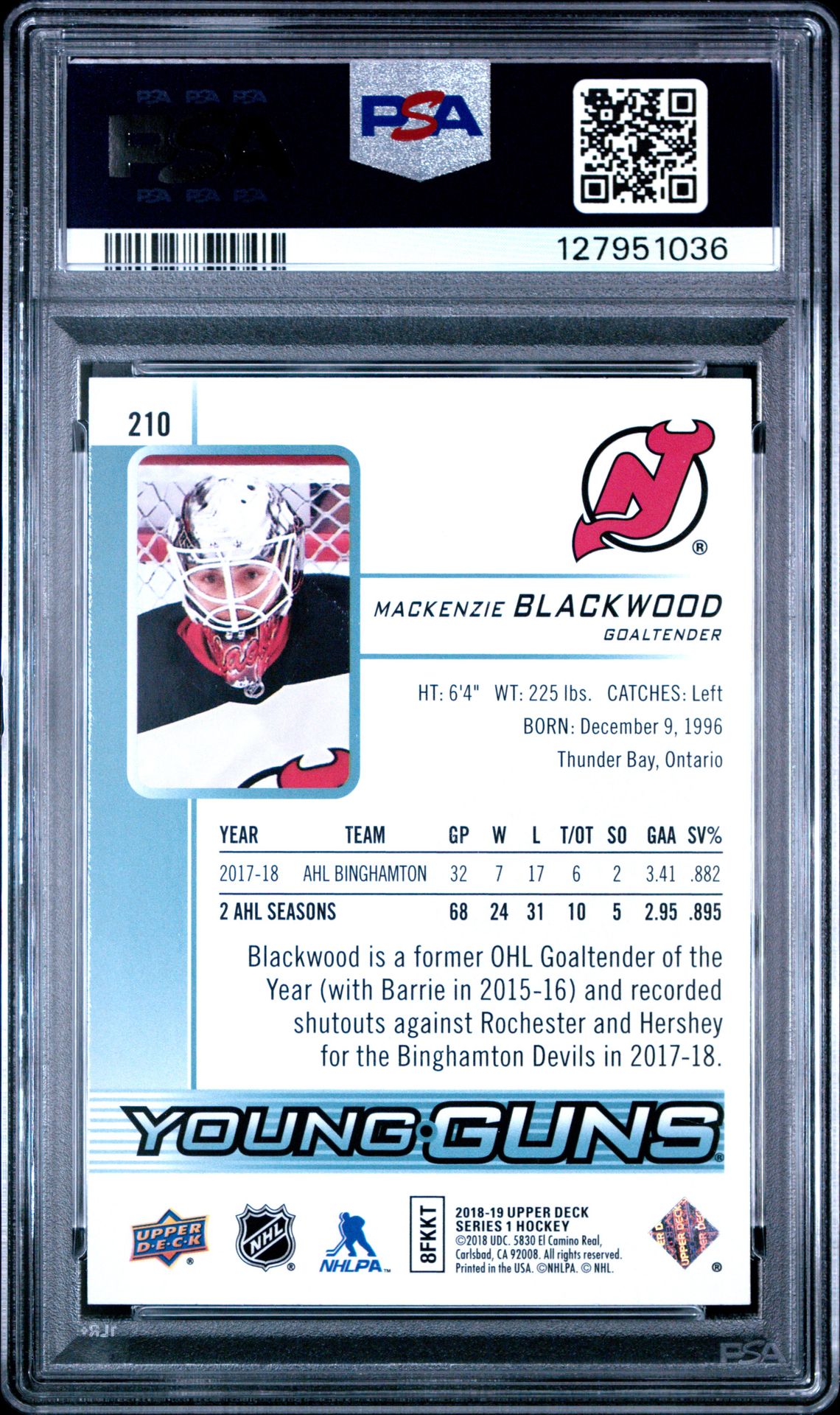 2018 Upper Deck Mackenzie Blackwood #210 Mint 9 back