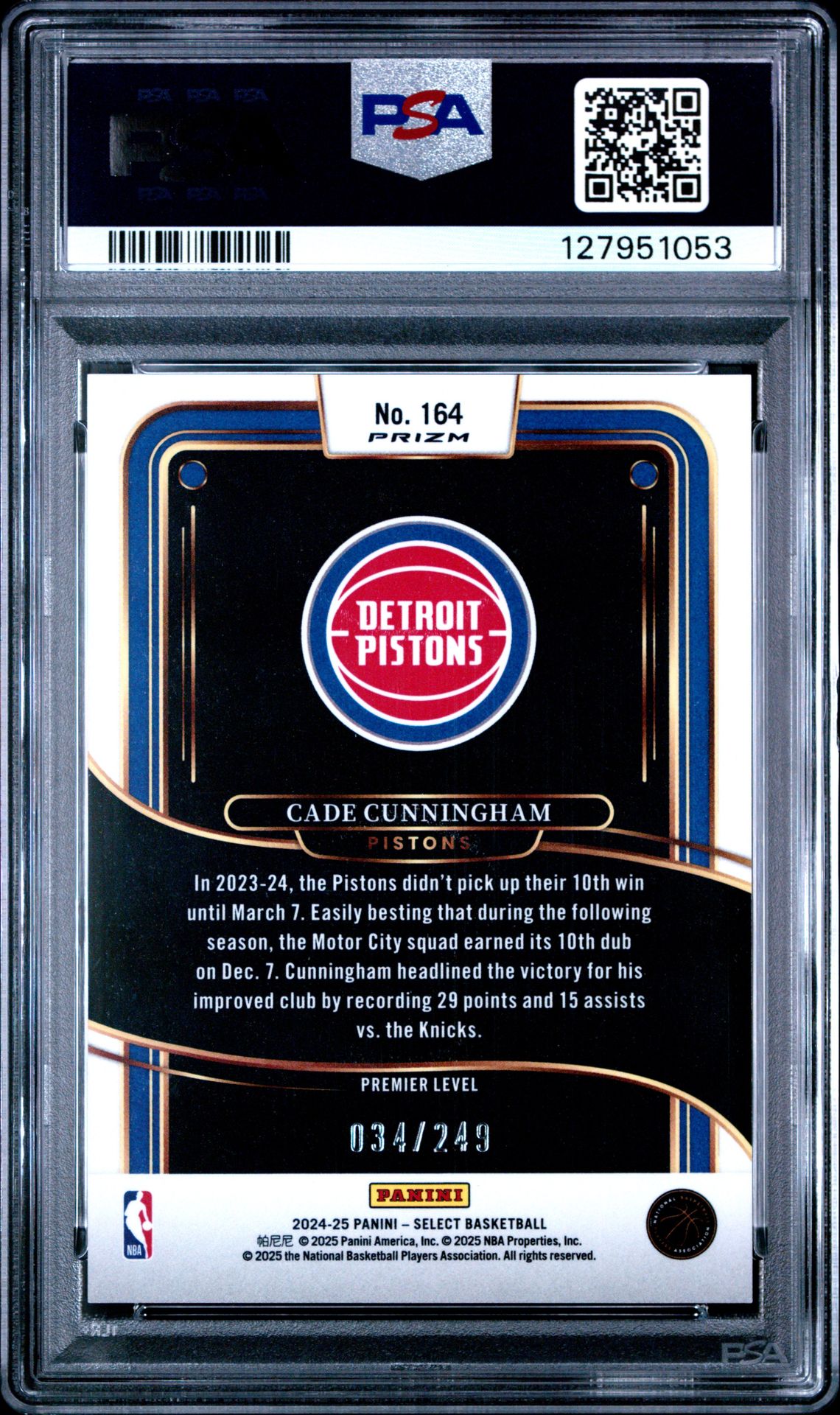 2024 Panini Select Cade Cunningham #164 (Purple Flash) Gem Mt 10 back