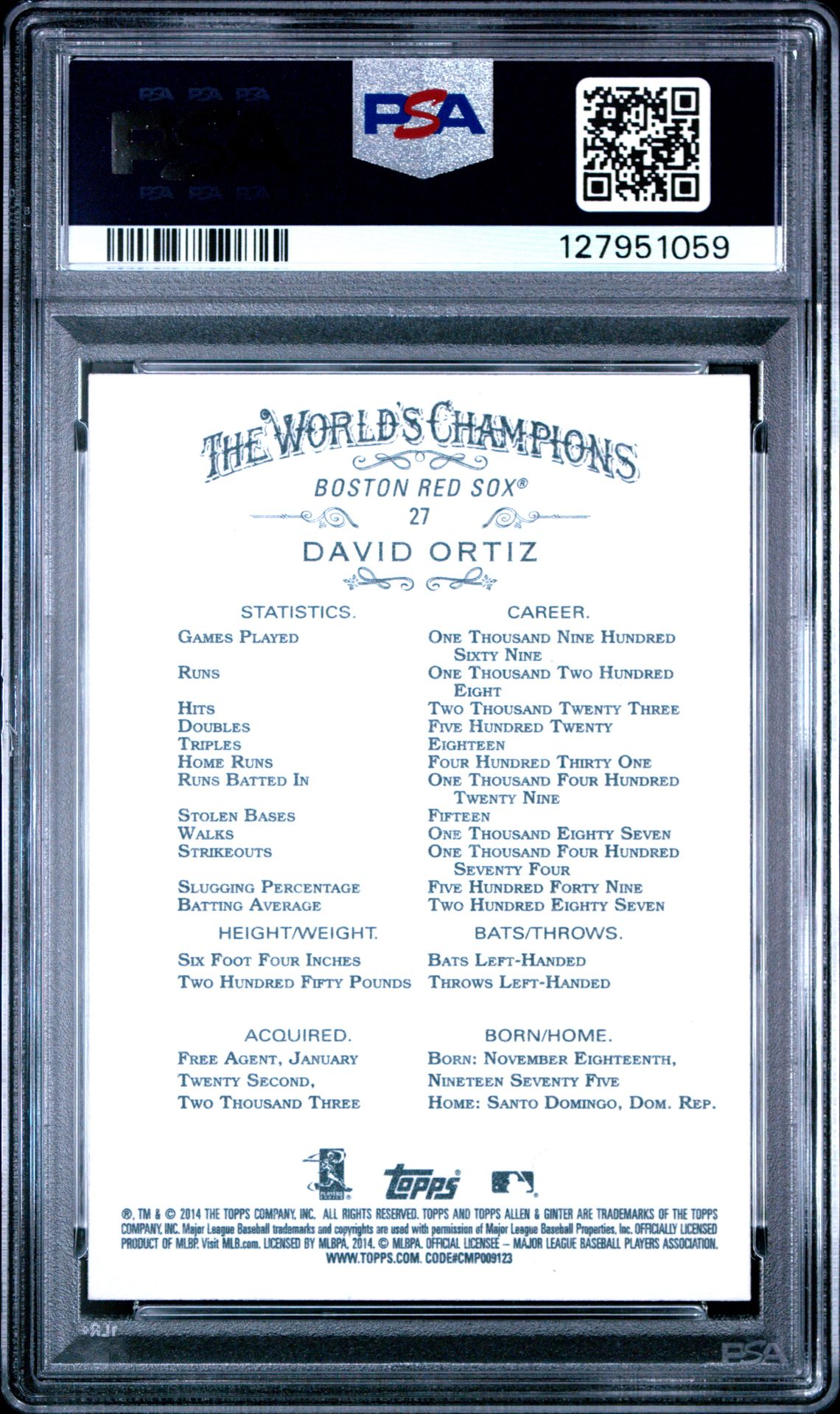 2017 Topps Archives Signatures Series Postseason David Ortiz #27 (Sig.ser.postseason-'14 A&G) Gem Mt 10 back