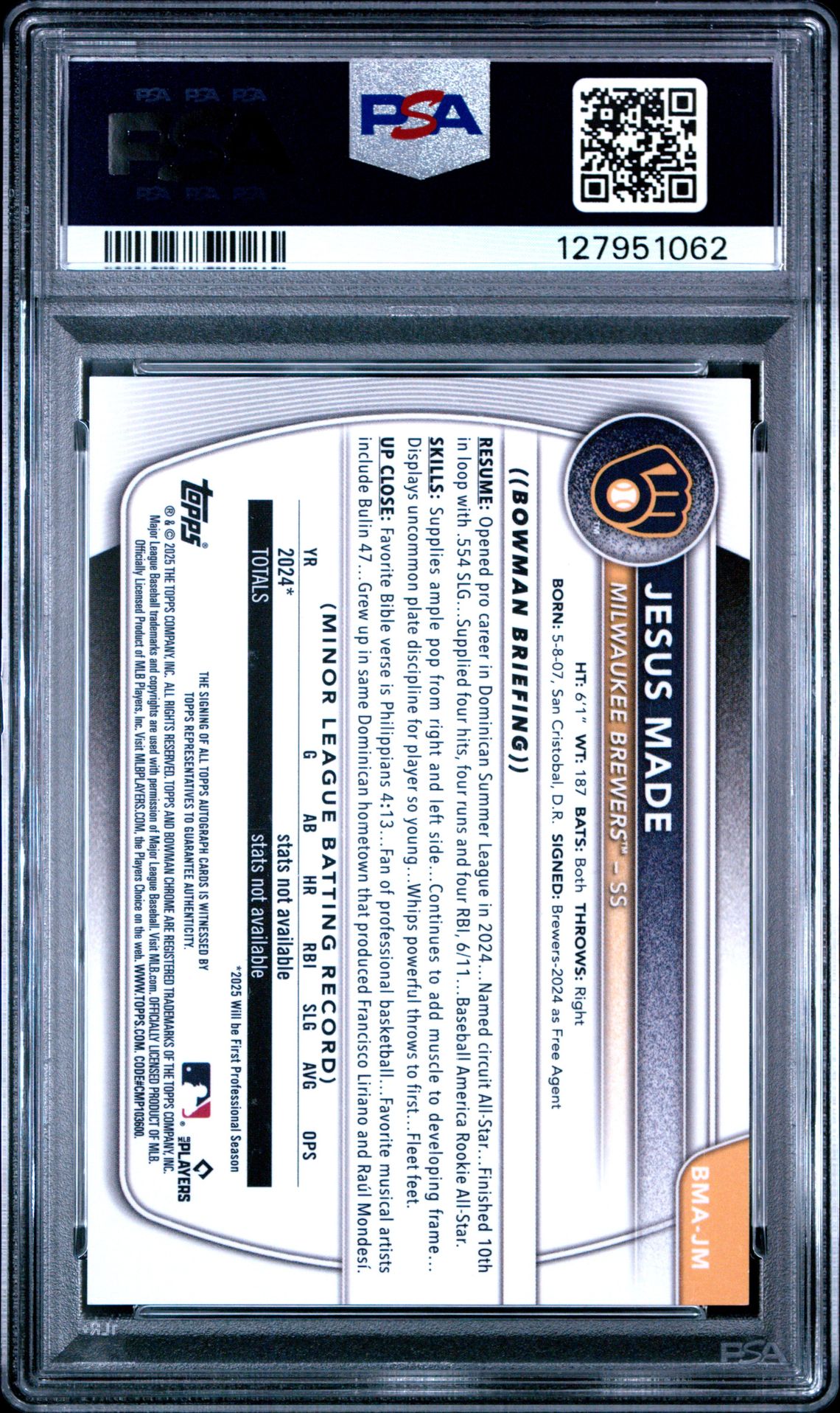 2025 Bowman Mega Box Bowman Prospect Mega Autographs Jesus Made #Jm Mint 9 back