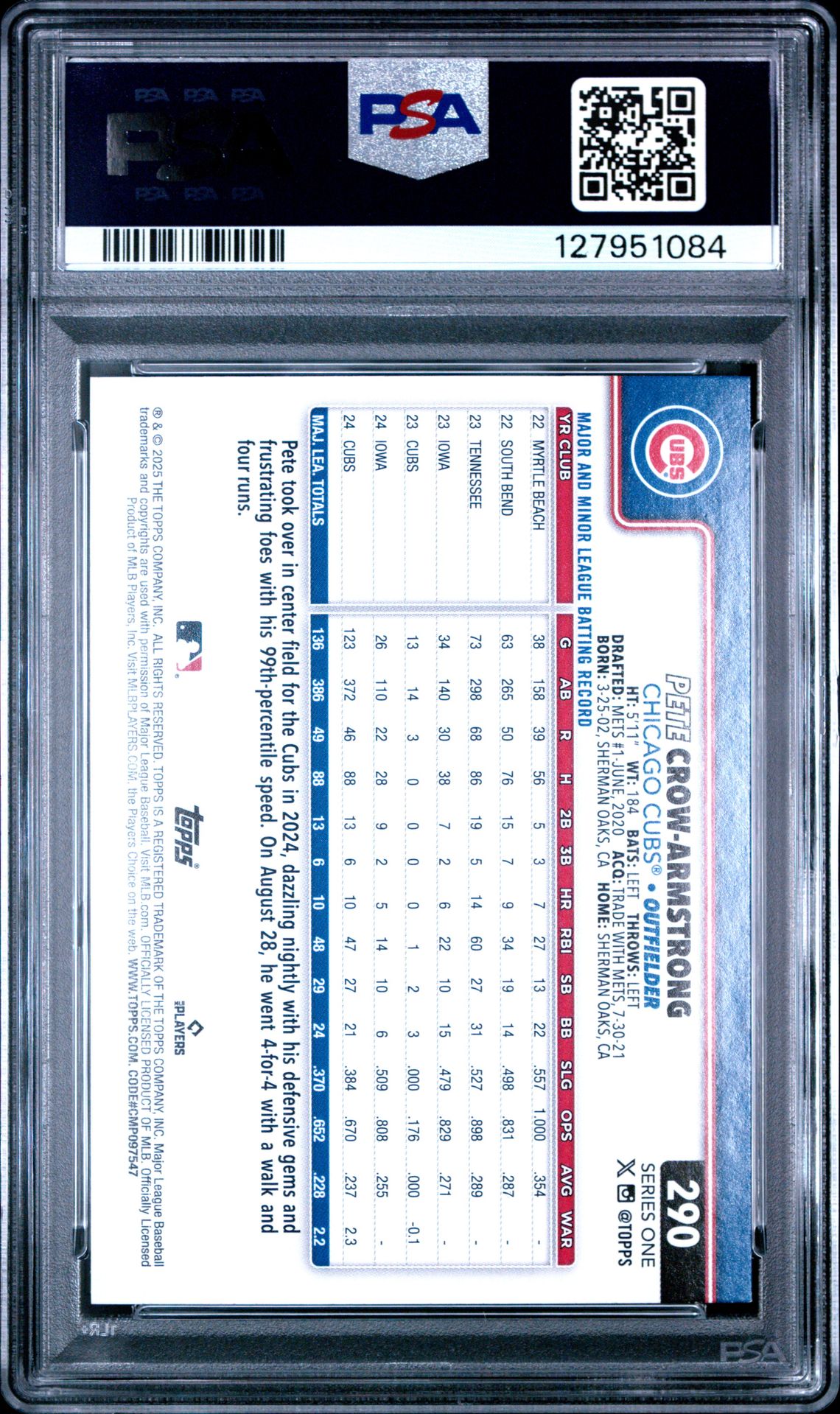 2025 Topps Pete Crow-Armstrong #290 (Holo Foil) Mint 9 back