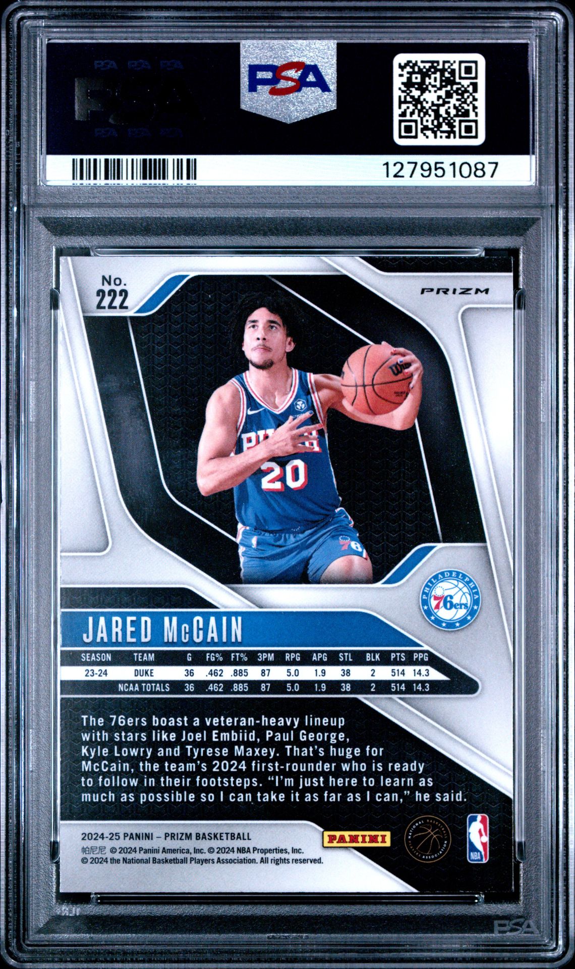 2024 Panini Prizm Jared Mccain #222 (Silver Prizm) Mint 9 back