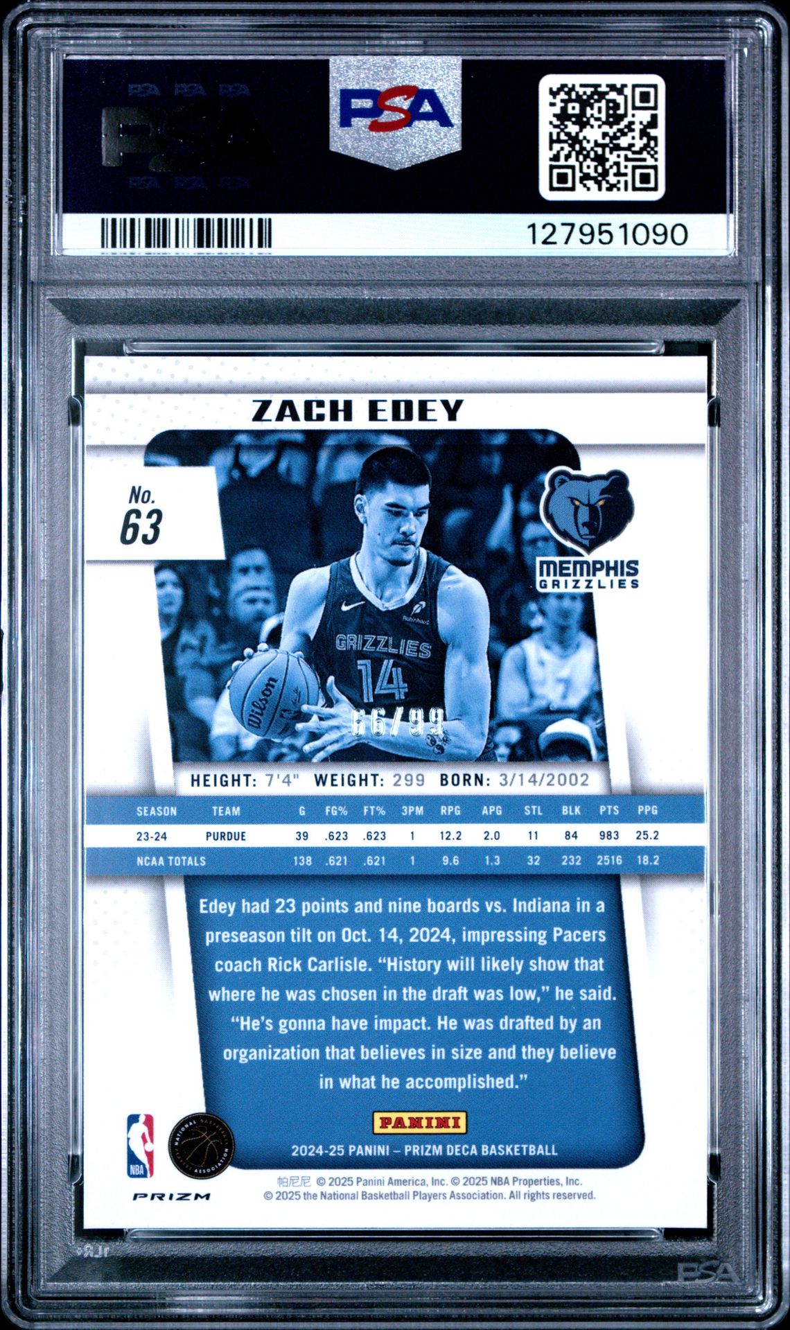 2024 Panini Prizm Deca Zach Edey #63 (Purple Prizm) Gem Mt 10 back
