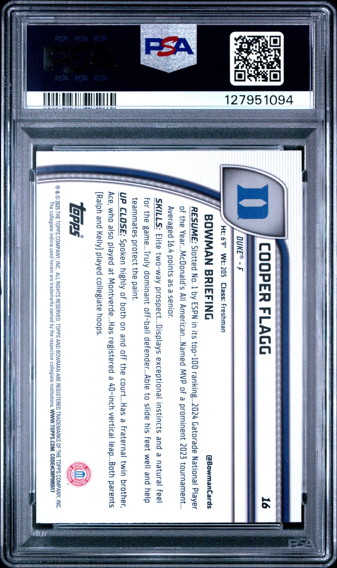 2024 Bowman Chrome University Cooper Flagg #16 (Aqua Wave) Gem Mt 10 back