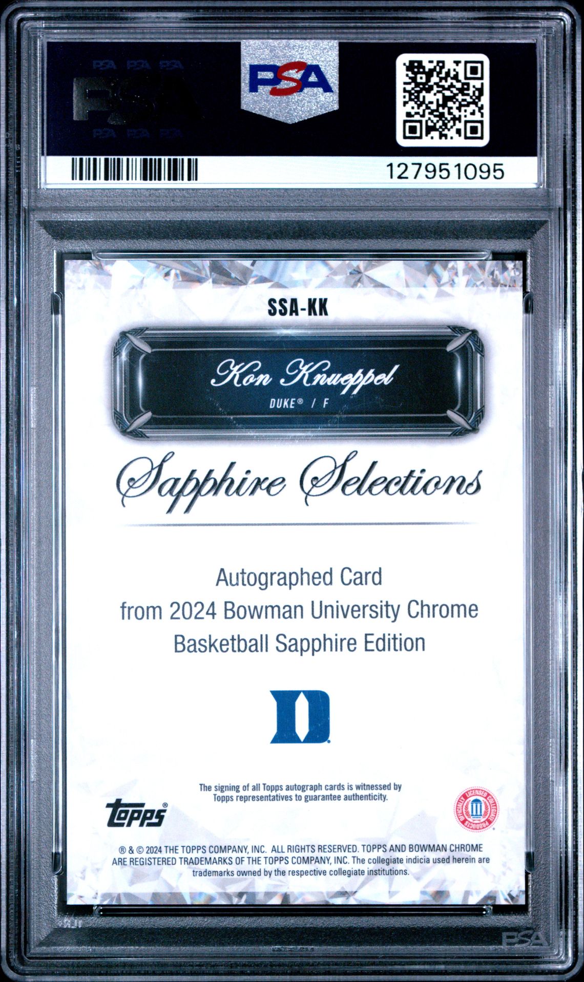 2024 Bowman University Chrome Sapphire Sapphire Selections Autographs Kon Knueppel #Ssakk Gem Mt 10 back