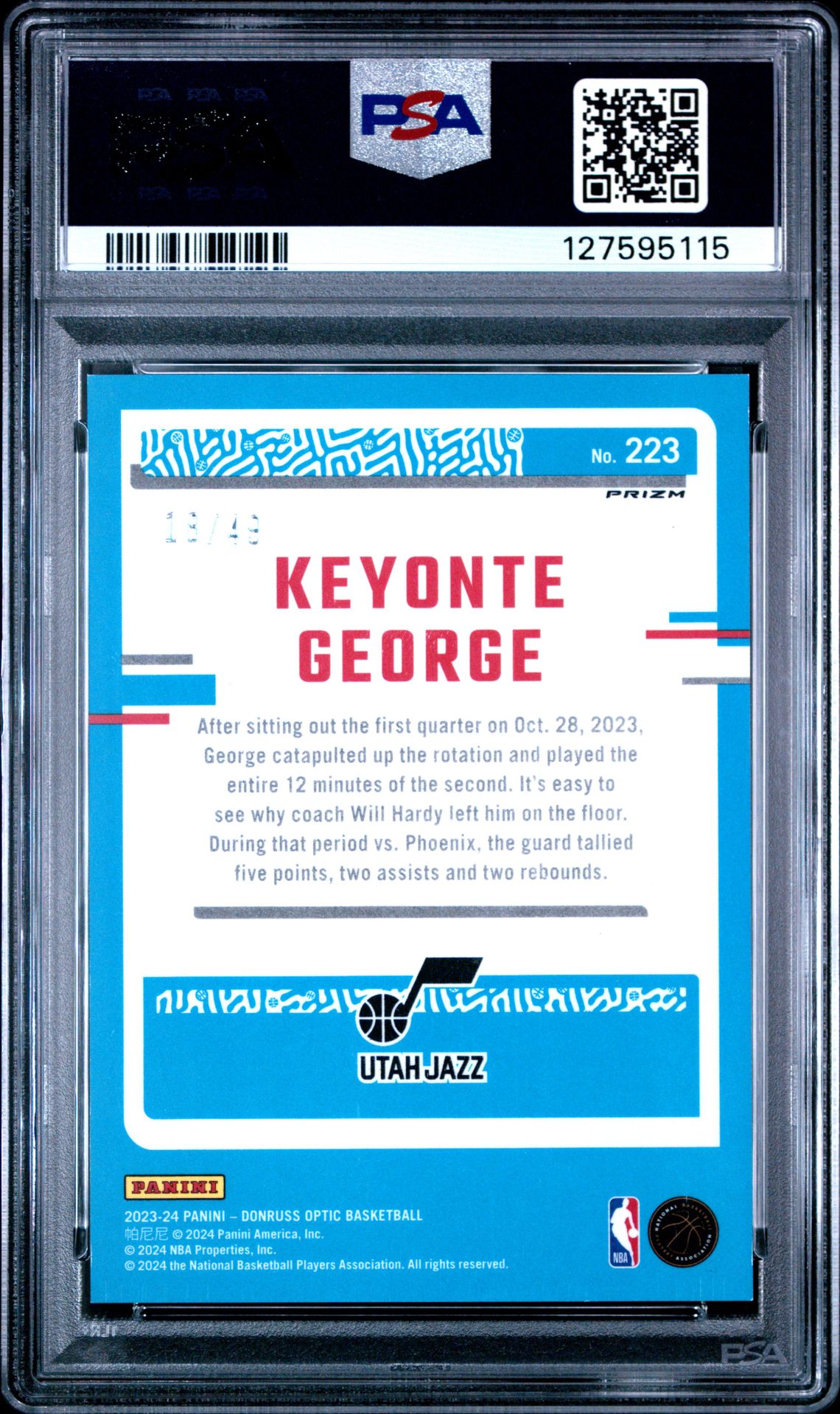 2023 Panini Donruss Optic Keyonte George #223 (Green Velocity) Nm-Mt+ 8.5 back