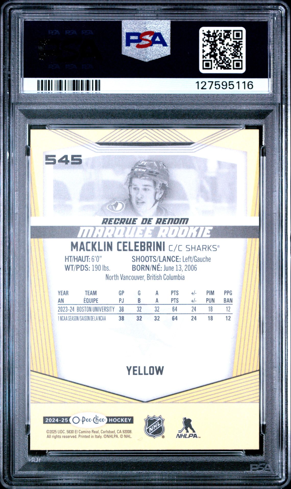 2024 Upper Deck O-Pee-Chee Macklin Celebrini #545 (Yellow Border) Gem Mt 10 back