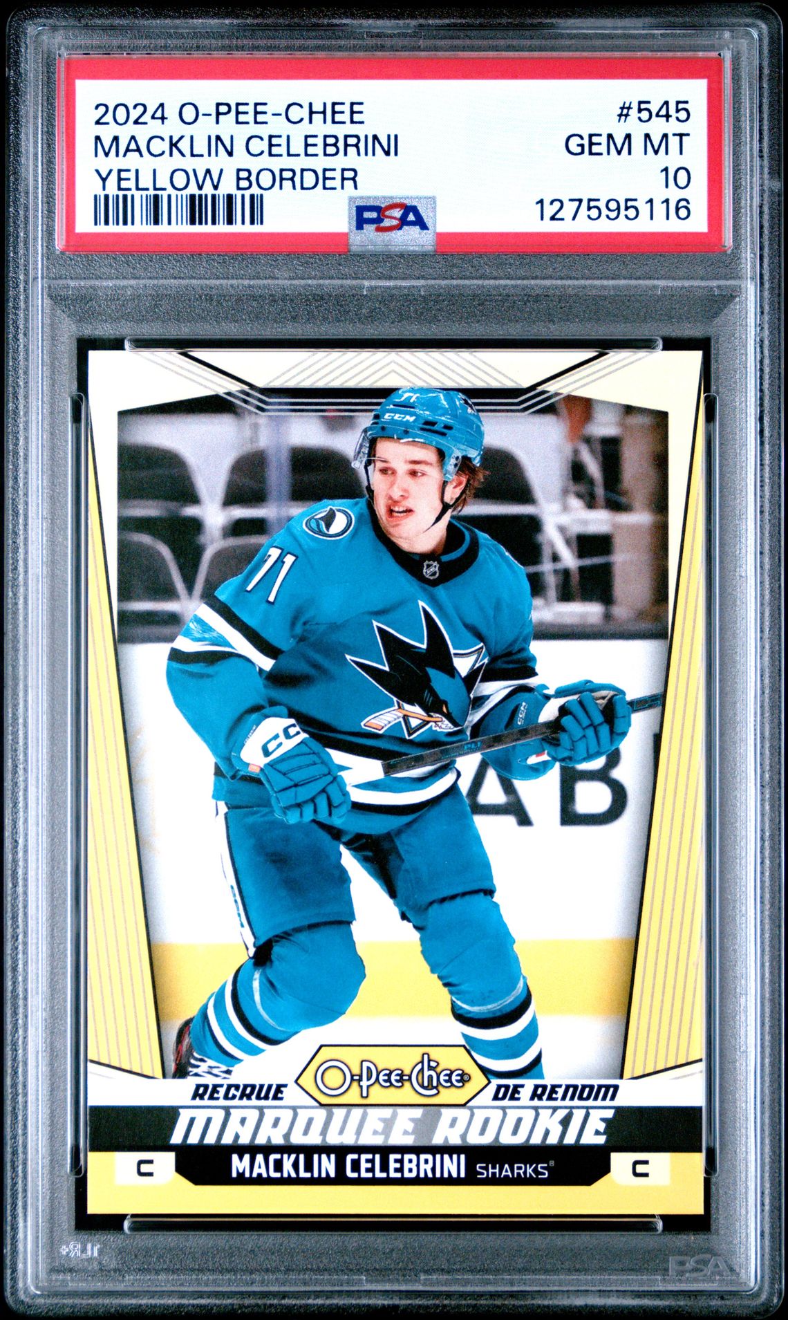 2024 Upper Deck O-Pee-Chee Macklin Celebrini #545 (Yellow Border) Gem Mt 10 front