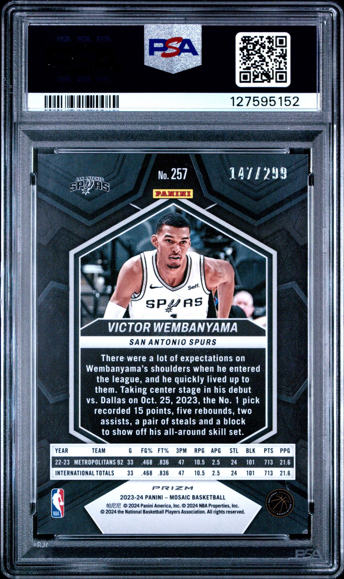 2023 Panini Mosaic Victor Wembanyama #257 (Red Seismic) Mint 9 back