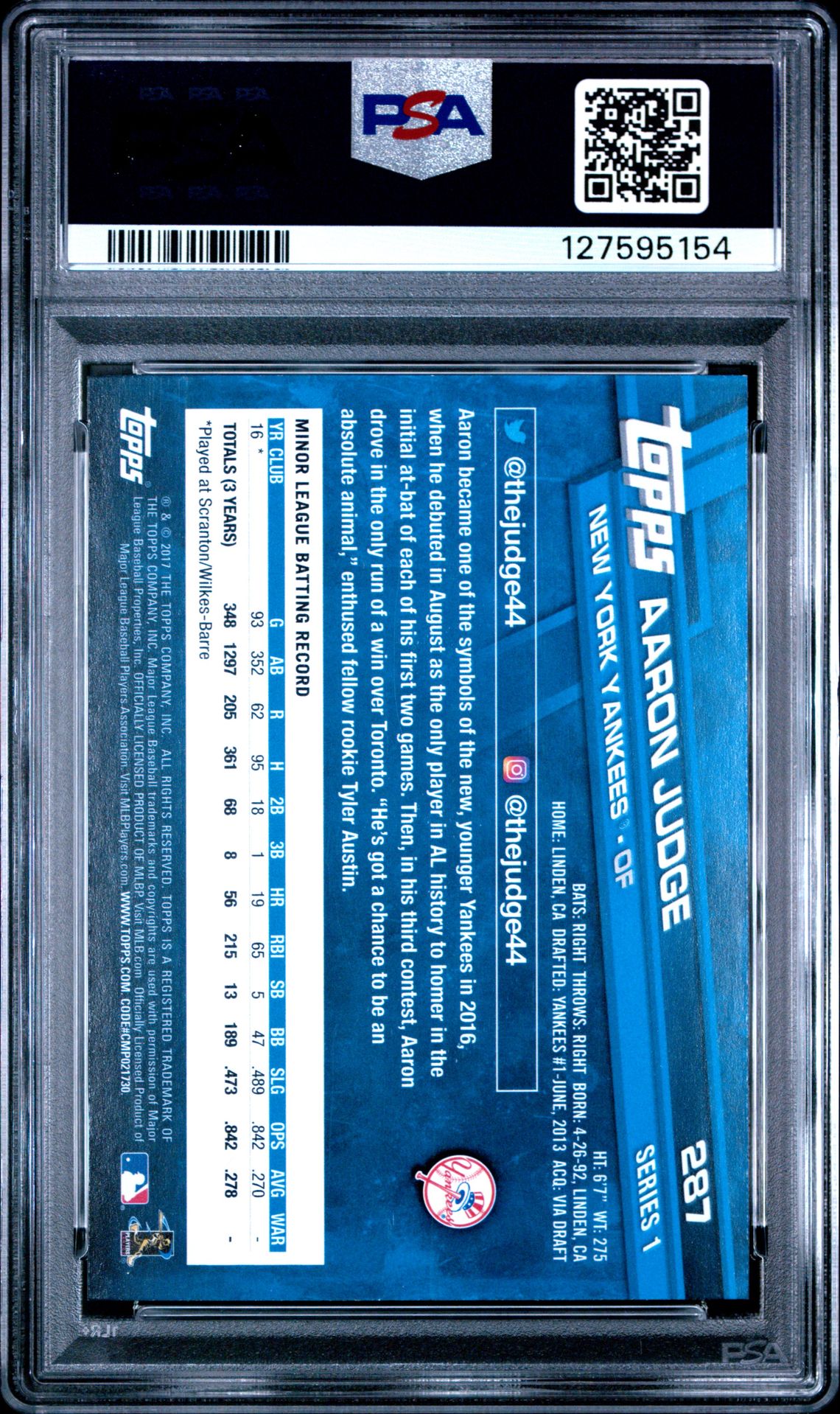 2017 Topps Aaron Judge #287 Gem Mt 10 back