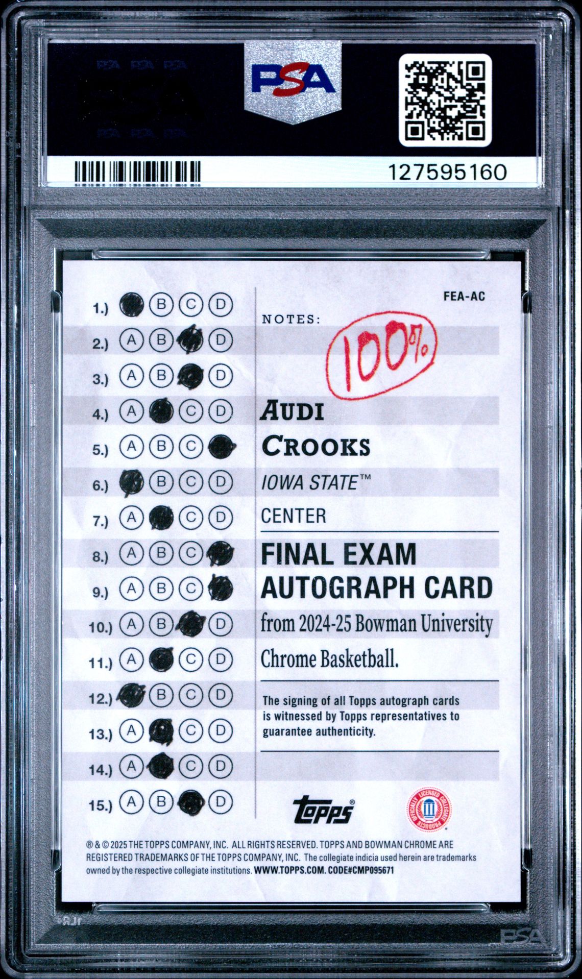 2024 Bowman Chrome University Final Exam Autographs Audi Crooks #Feaac Mint 9 back