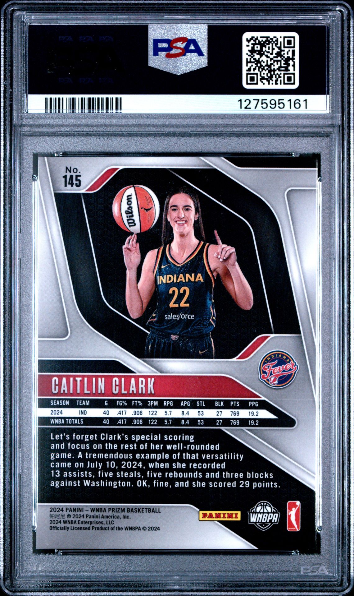 2024 Panini Prizm Wnba Caitlin Clark #145 Mint 9 back