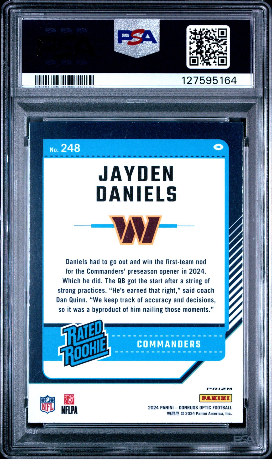 2024 Panini Donruss Optic Jayden Daniels #248 (Blue Hyper) Mint 9 back