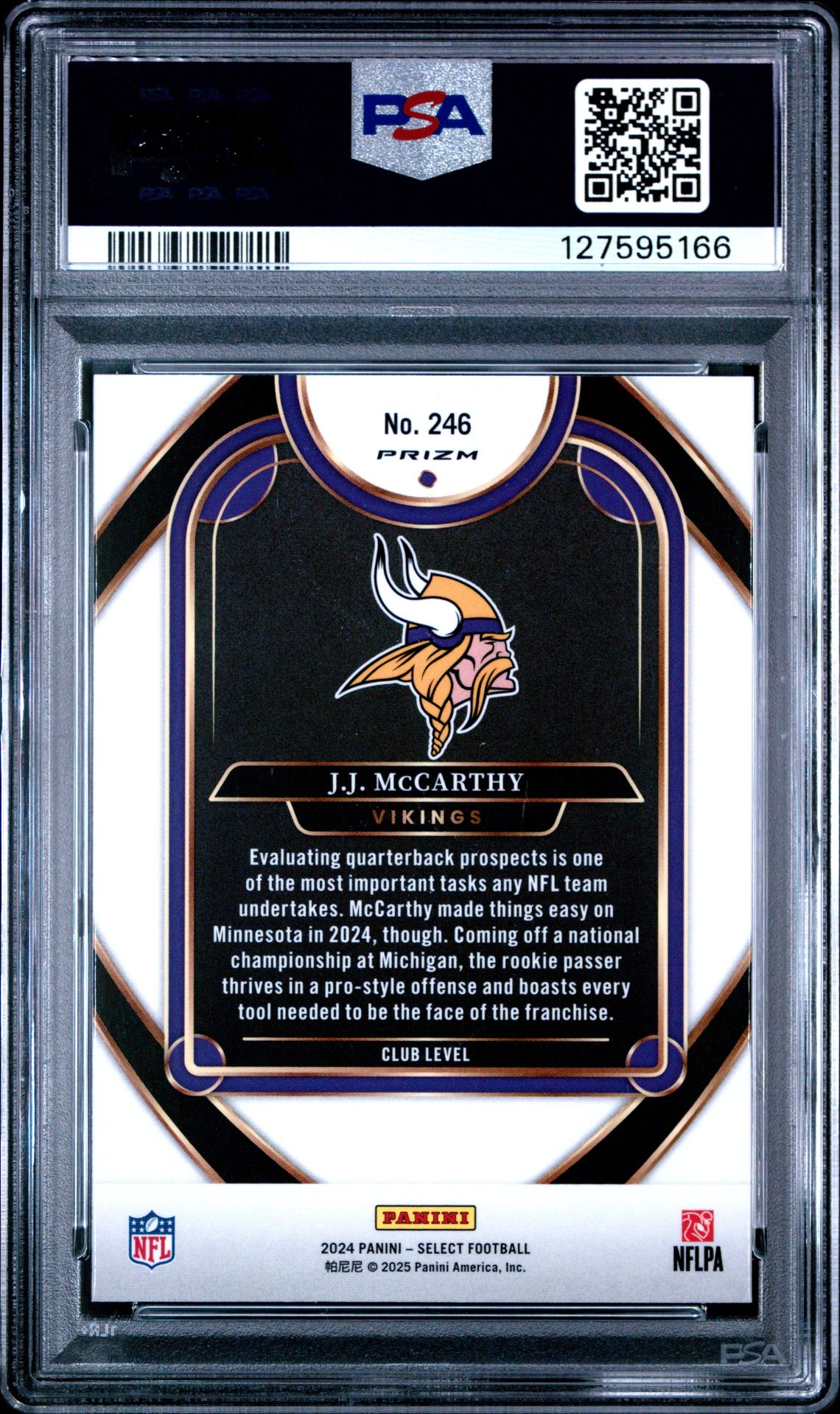 2024 Panini Select Jj Mccarthy #246 (Black & Green Shock) Gem Mt 10 back