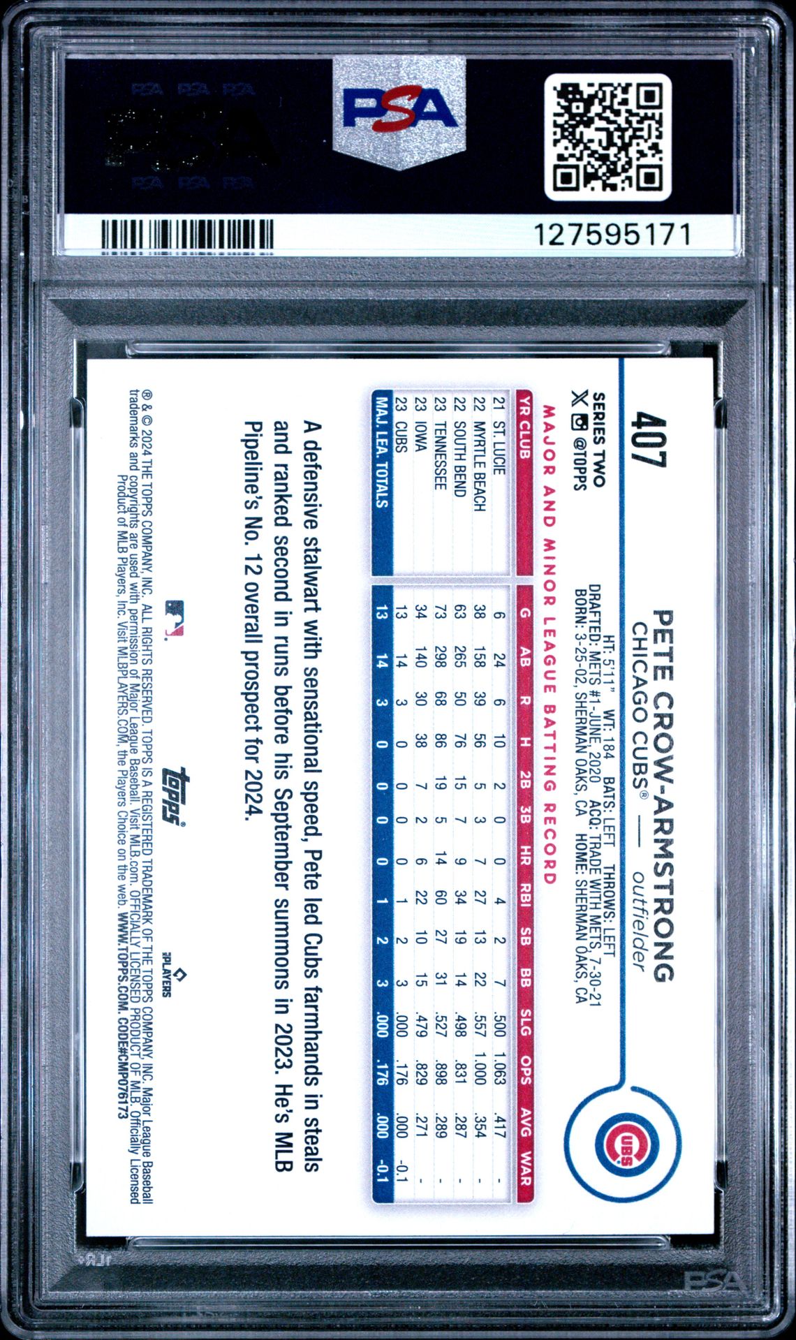 2024 Topps 582 Montgomery Set Pete Crow-Armstrong #407 Mint 9 back