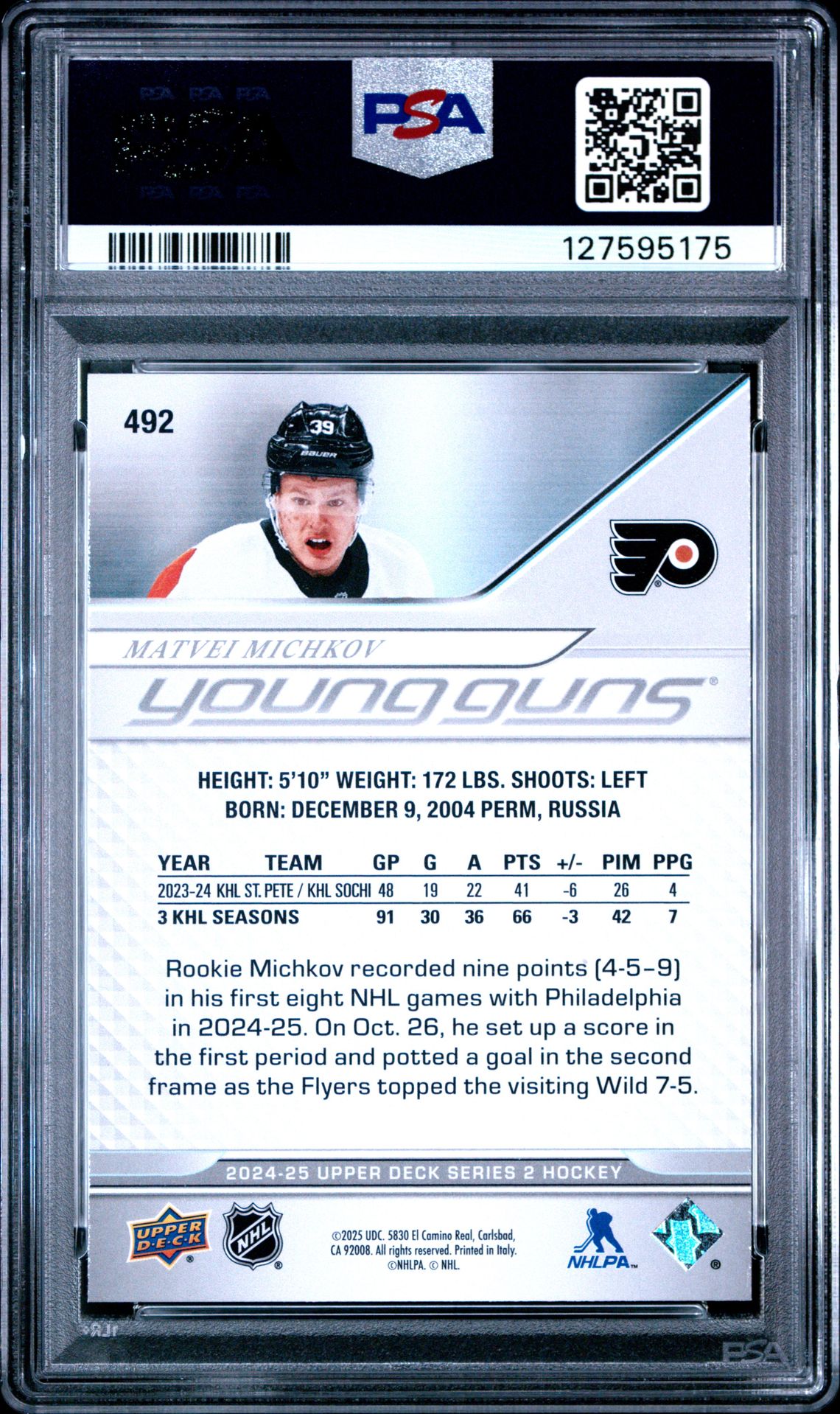 2024 Upper Deck Matvei Michkov #492 Gem Mt 10 back