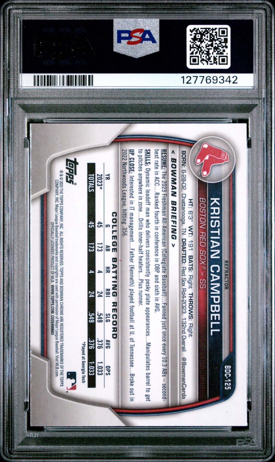 2023 Bowman Draft Kristian Campbell #Bdc125 (Chrome-Refractor) Mint 9 back