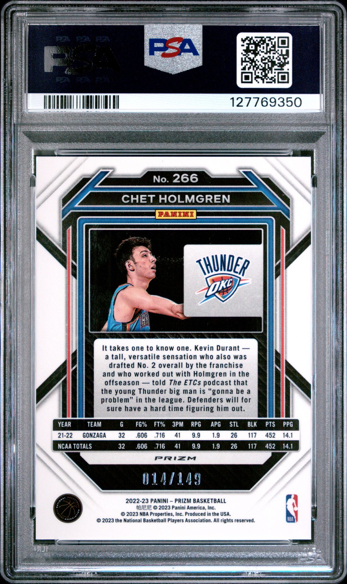 2022 Panini Prizm Chet Holmgren #266 (Purple Ice) Gem Mt 10 back