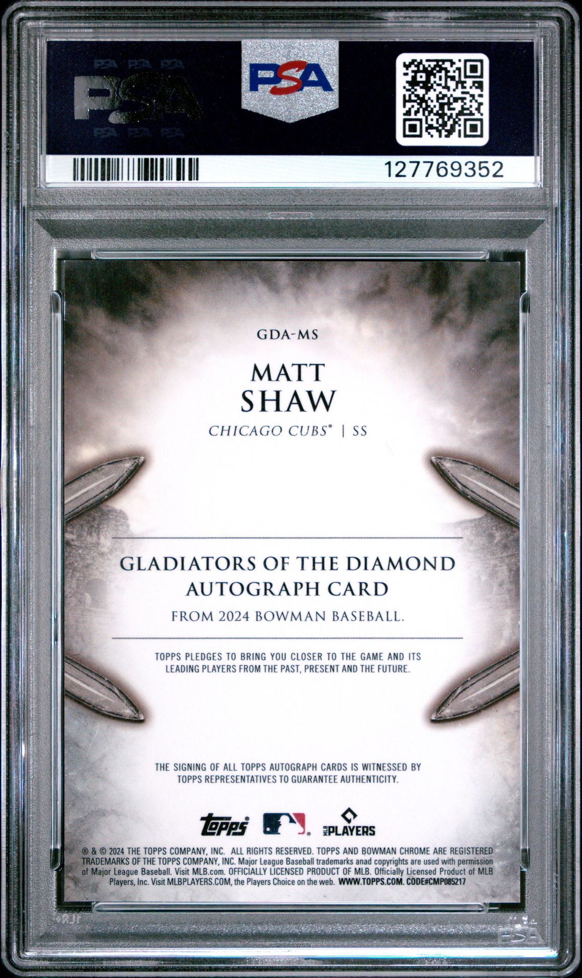 2024 Bowman Chrome Gladiators Of The Diamond Autographs Matt Shaw #Gdams (Gda-Gold Mini Diamond Ref) Gem Mt 10 back