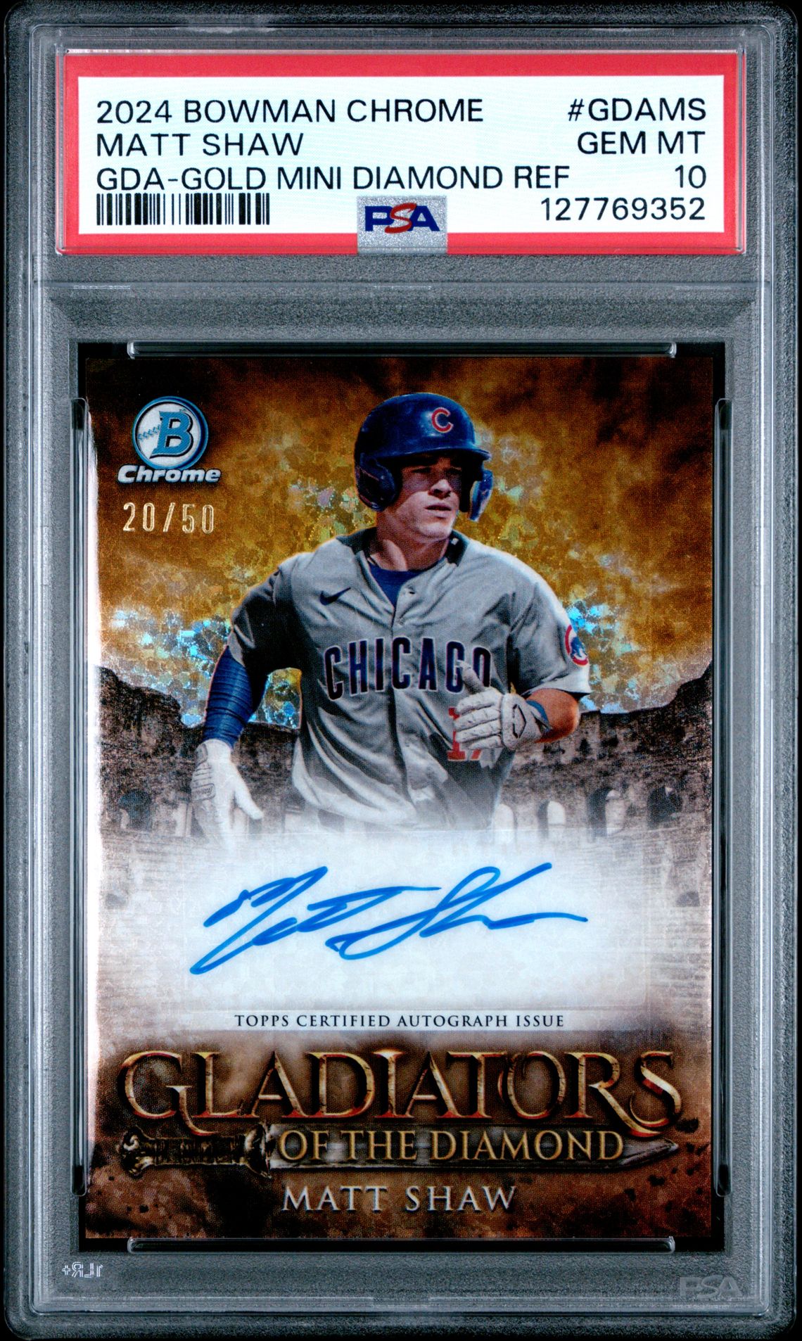2024 Bowman Chrome Gladiators Of The Diamond Autographs Matt Shaw #Gdams (Gda-Gold Mini Diamond Ref) Gem Mt 10 front