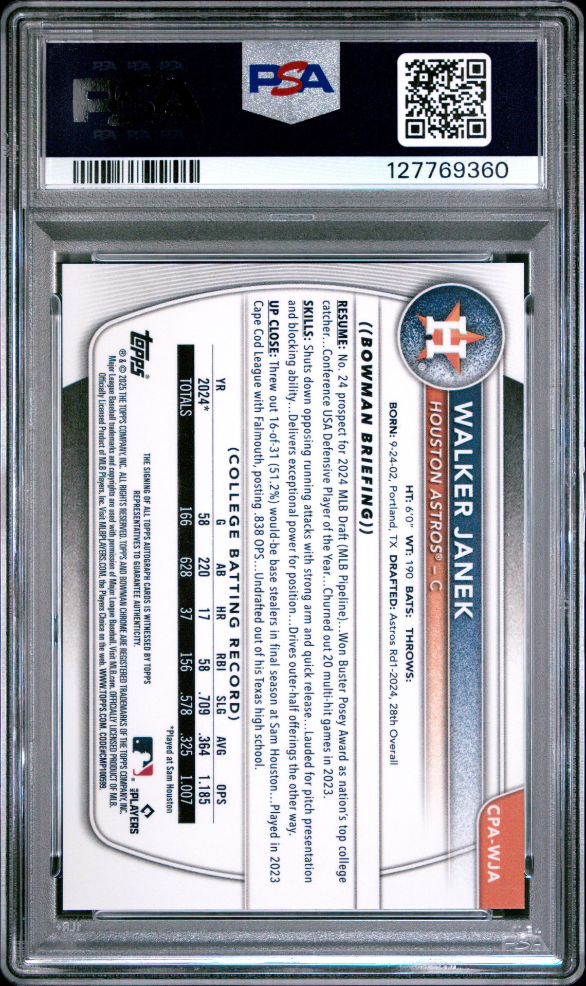 2025 Bowman Chrome Prospect Autographs Walker Janek #Cpawja (Chr Pros Au-Blue X-Fractor) Mint 9 back