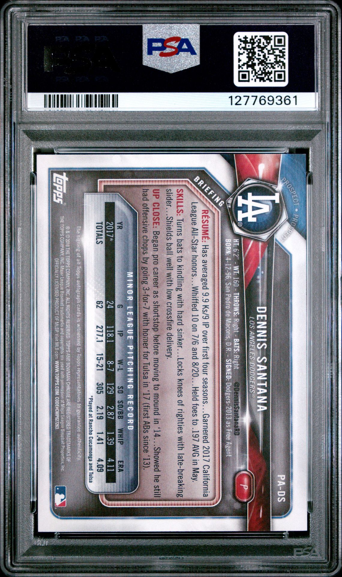 2018 Bowman Paper Prospects Autographs Dennis Santana #Pa-Ds (Paper Prospect Auto.) Mint 9 back